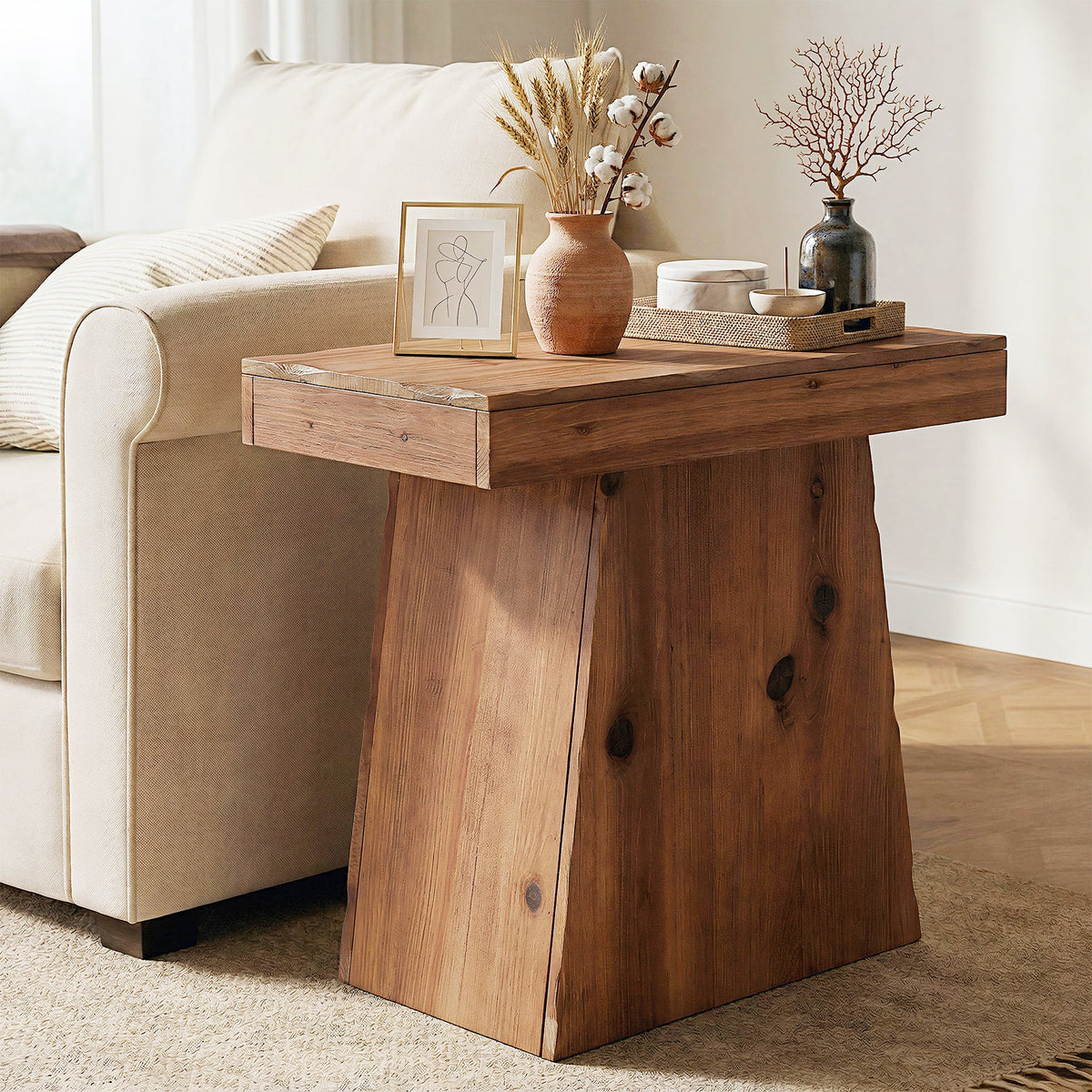 23.6" Solid Wood End Table with Trapezoid Base, Small Side Table for Living Room