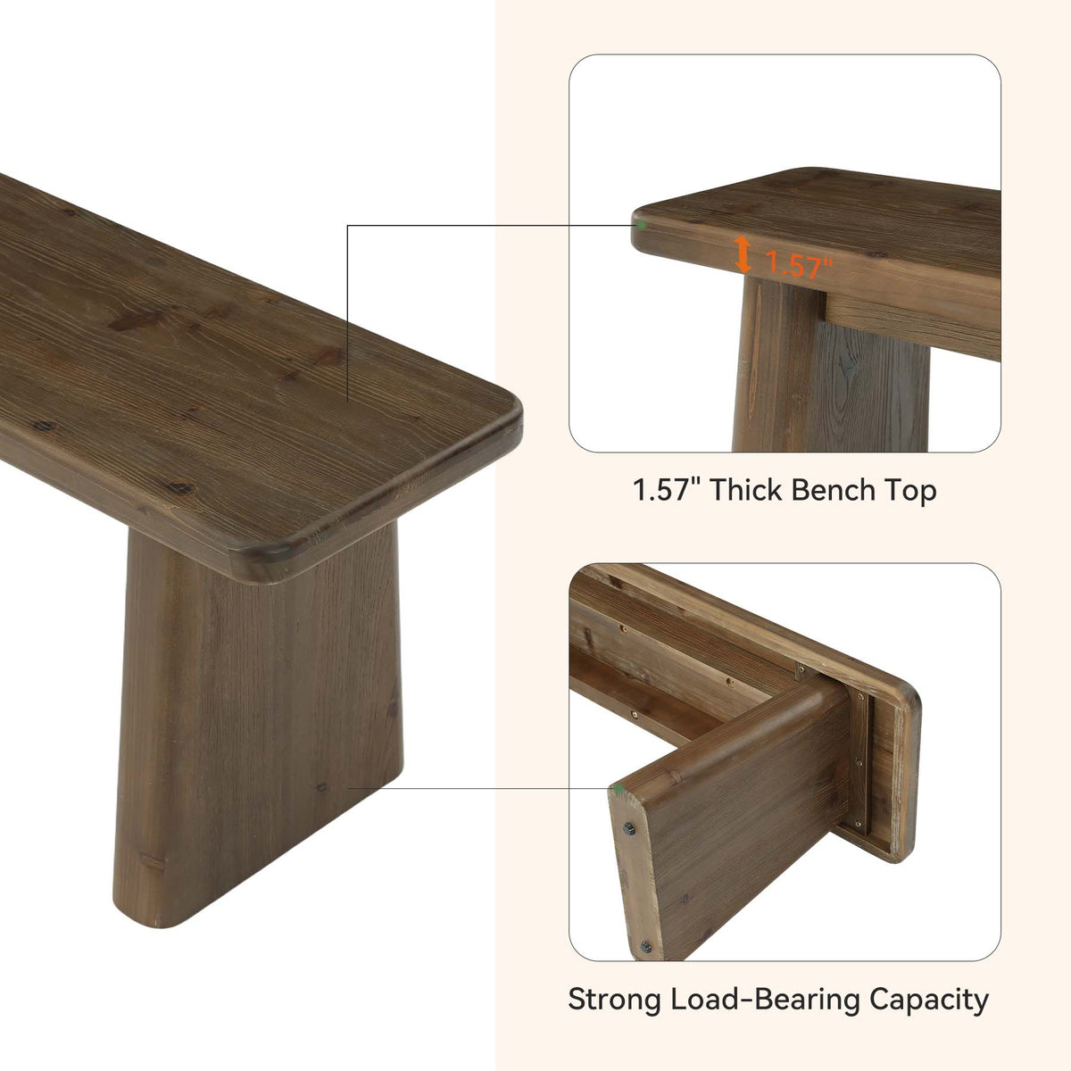 55" Entryway Bench, Solid Wood End of Bed Bench Dining Bench