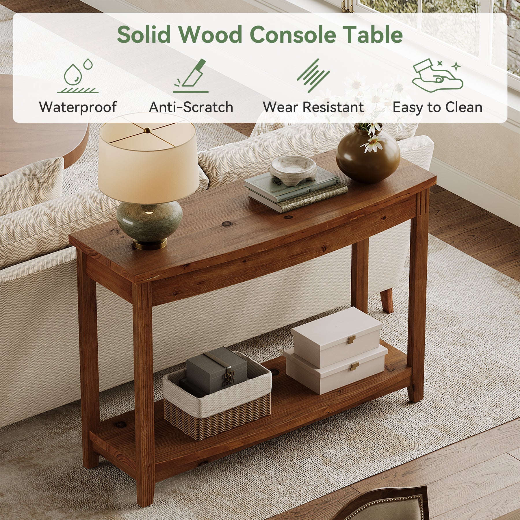 41.3" Solid Wood Console Table, Farmhouse Entryway Table With Storage Shelf