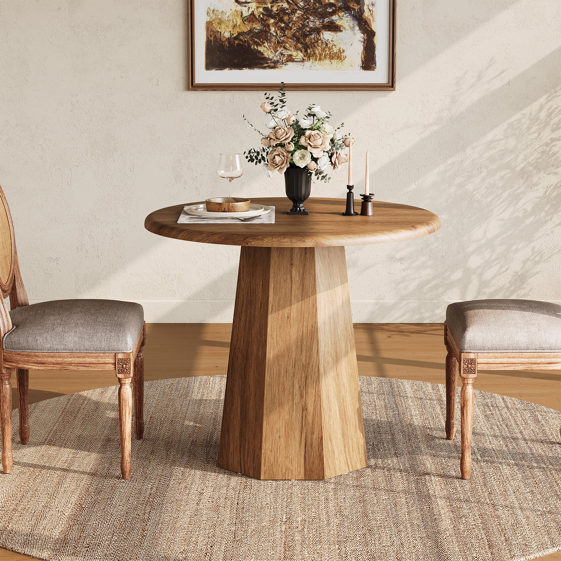 31.5" Round Dining Table for 4, Small Dinner Table with Octagonal Base for Dining Room