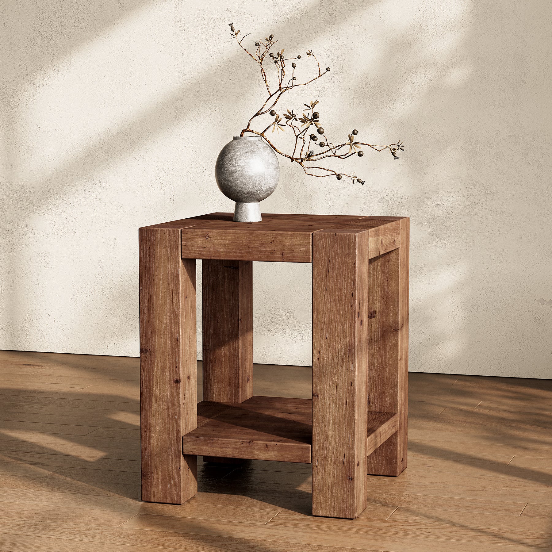 Solid Wood End Table, Farmhouse 2-Tier Side Table with Storage Shelves