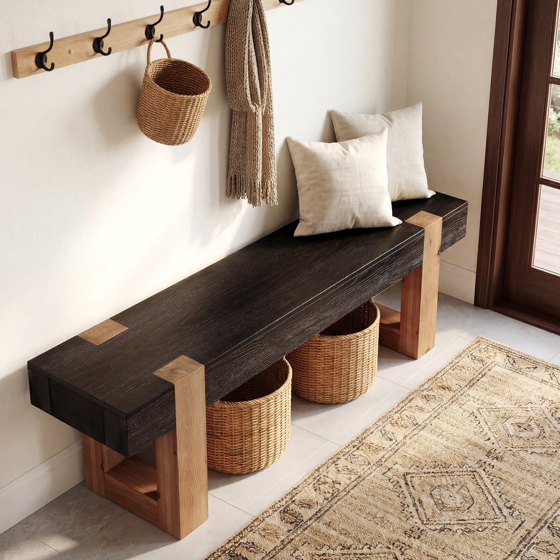 55" Solid Wood Entryway Bench, Indoor Wooden End of Bed Bench Seat