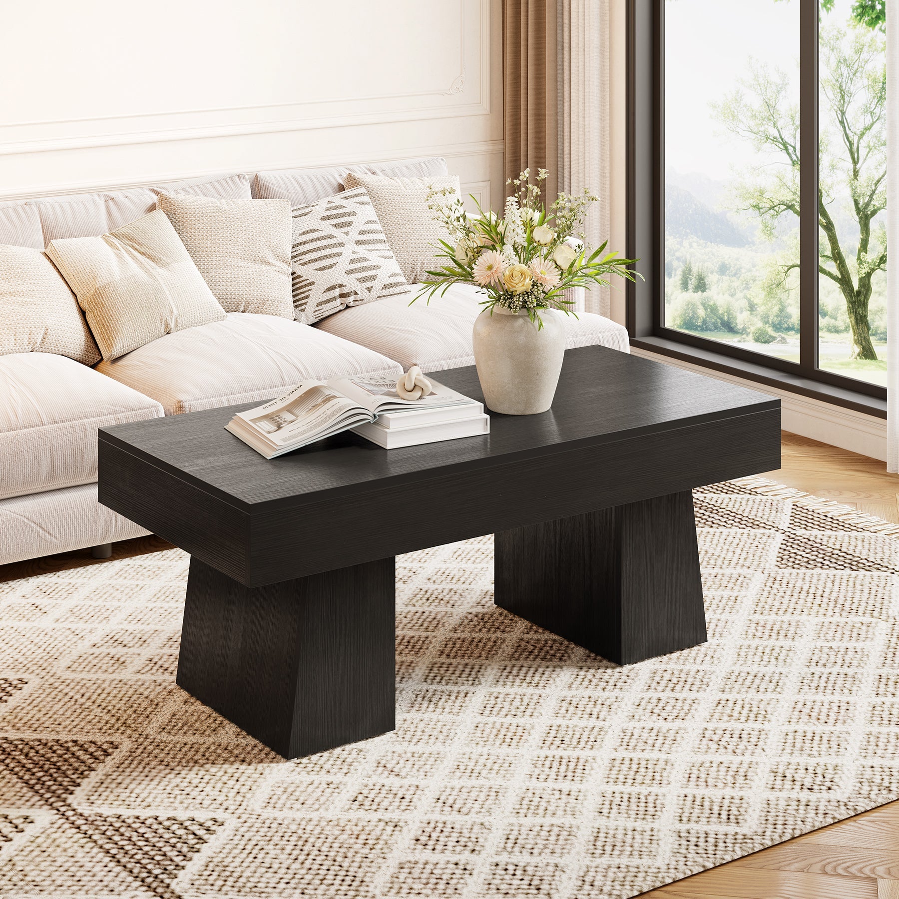 47.24" Farmhouse Coffee Table, Rectangular Center Table with Thick Base