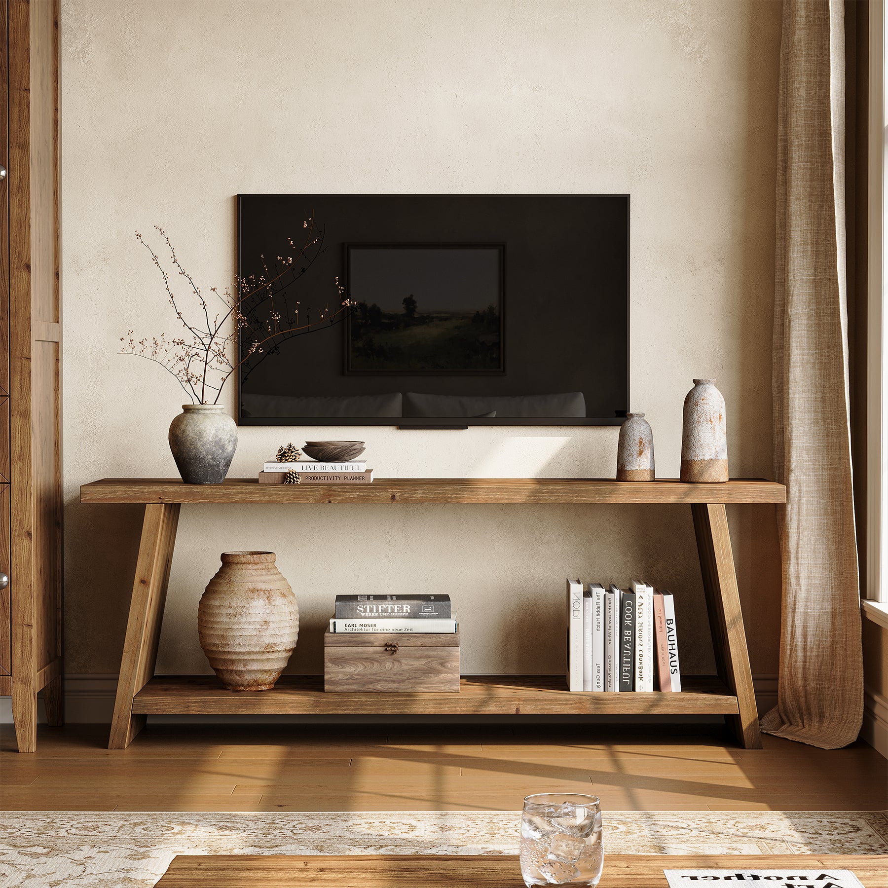2-Tier Solid Wood TV Stand, 63" Media Console for 55/60/65 inch TV
