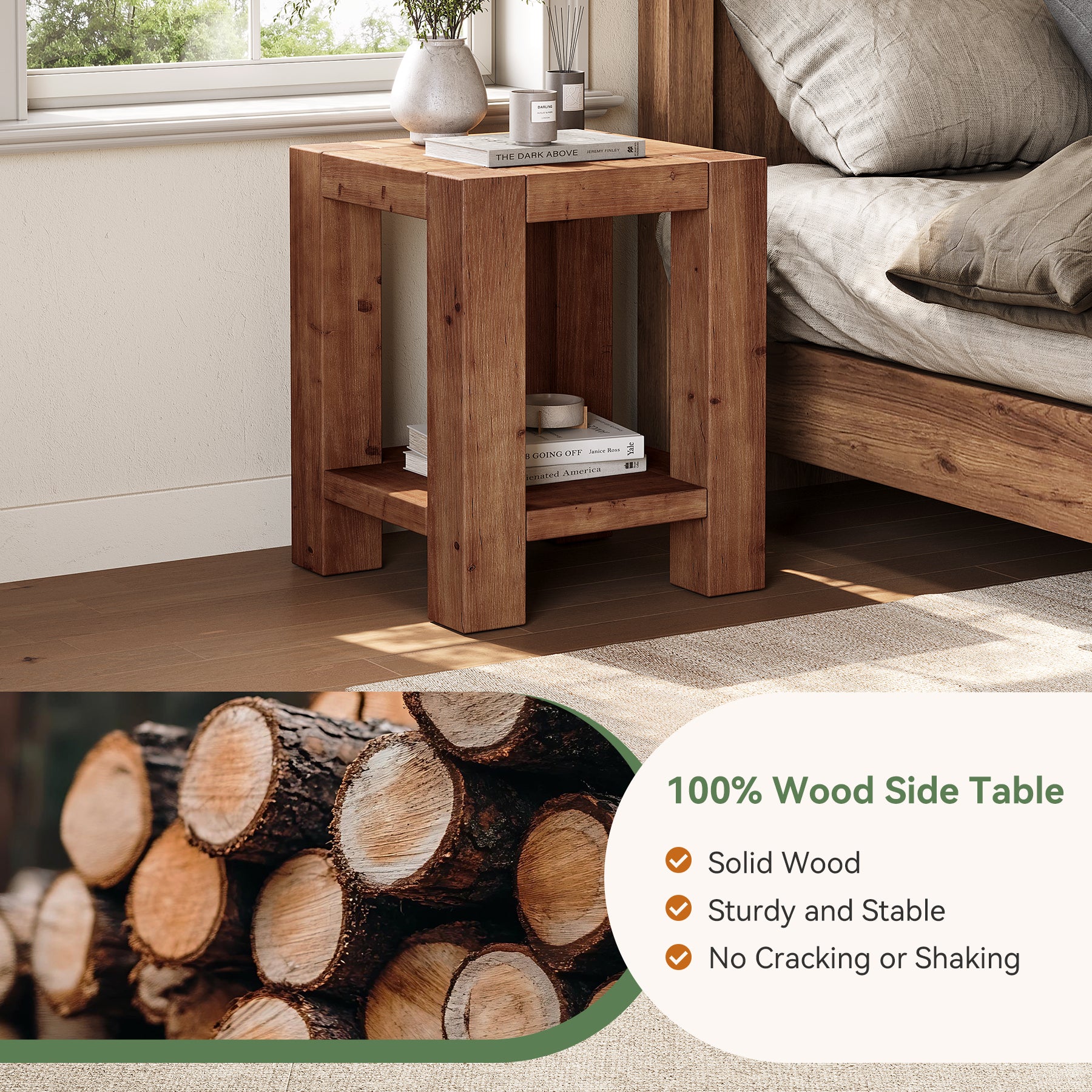 2-Tier Solid Wood Nightstand, 19.69" Beside Table with Storage Shelves