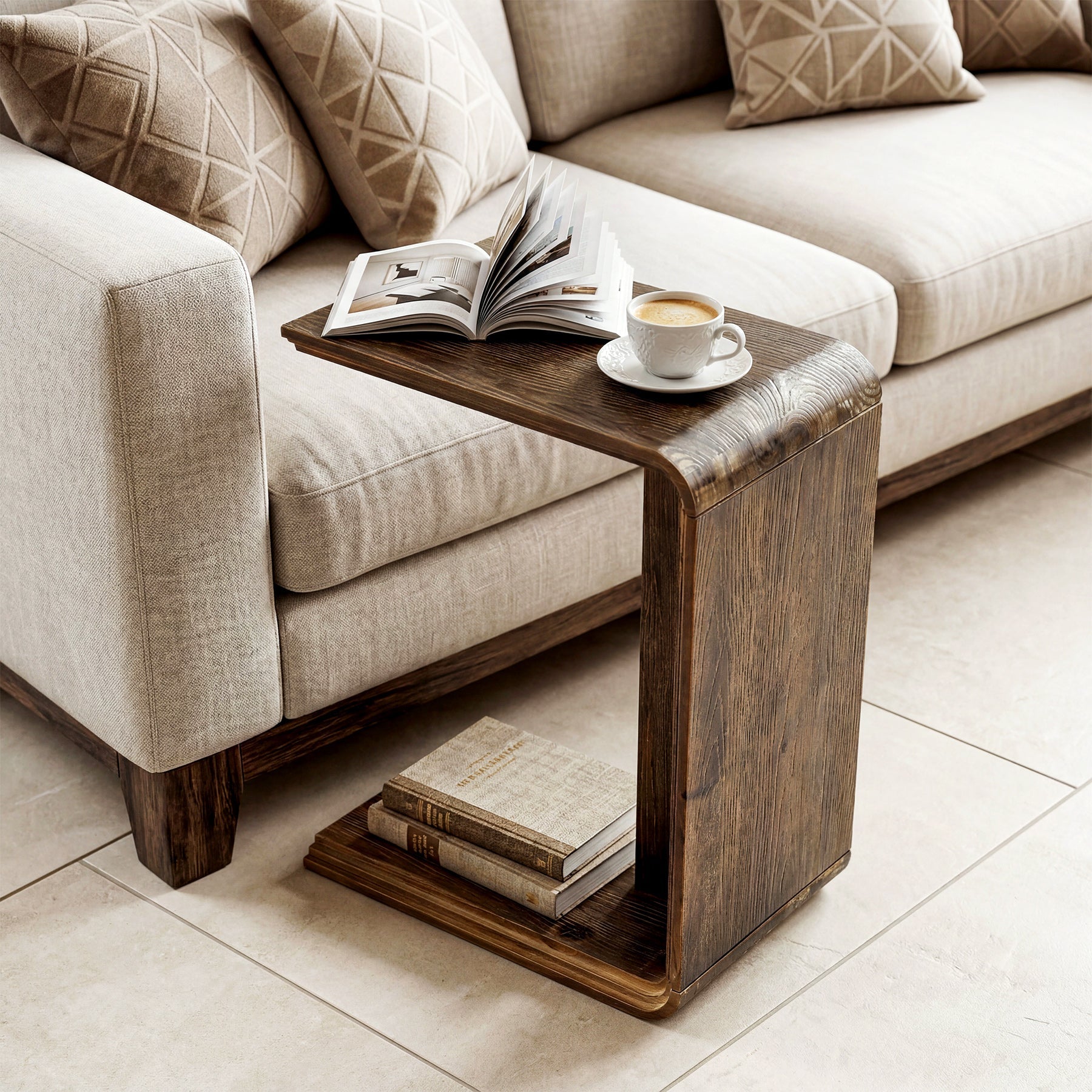 C-Shaped Solid Wood End Table, Narrow Side Table for Living Room and Bedroom