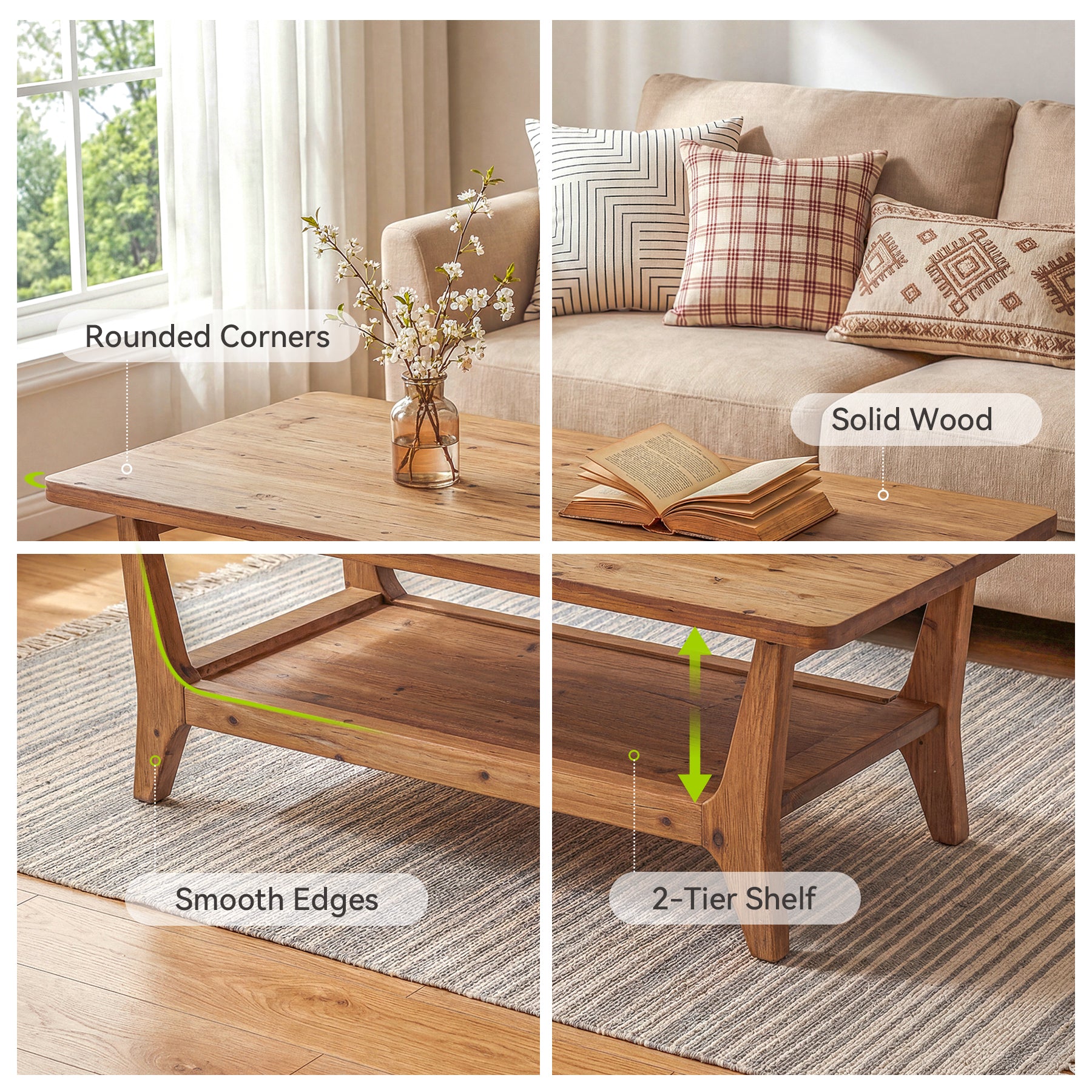 Solid Wood Coffee Table, 47" Center Table with 2-Tier Shelf for Living Room