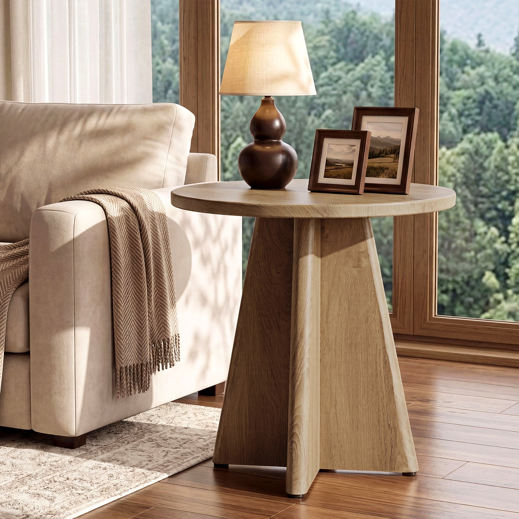 19.7" Round End Table, Farmhouse Side Table with Sculptural Base for Living Room