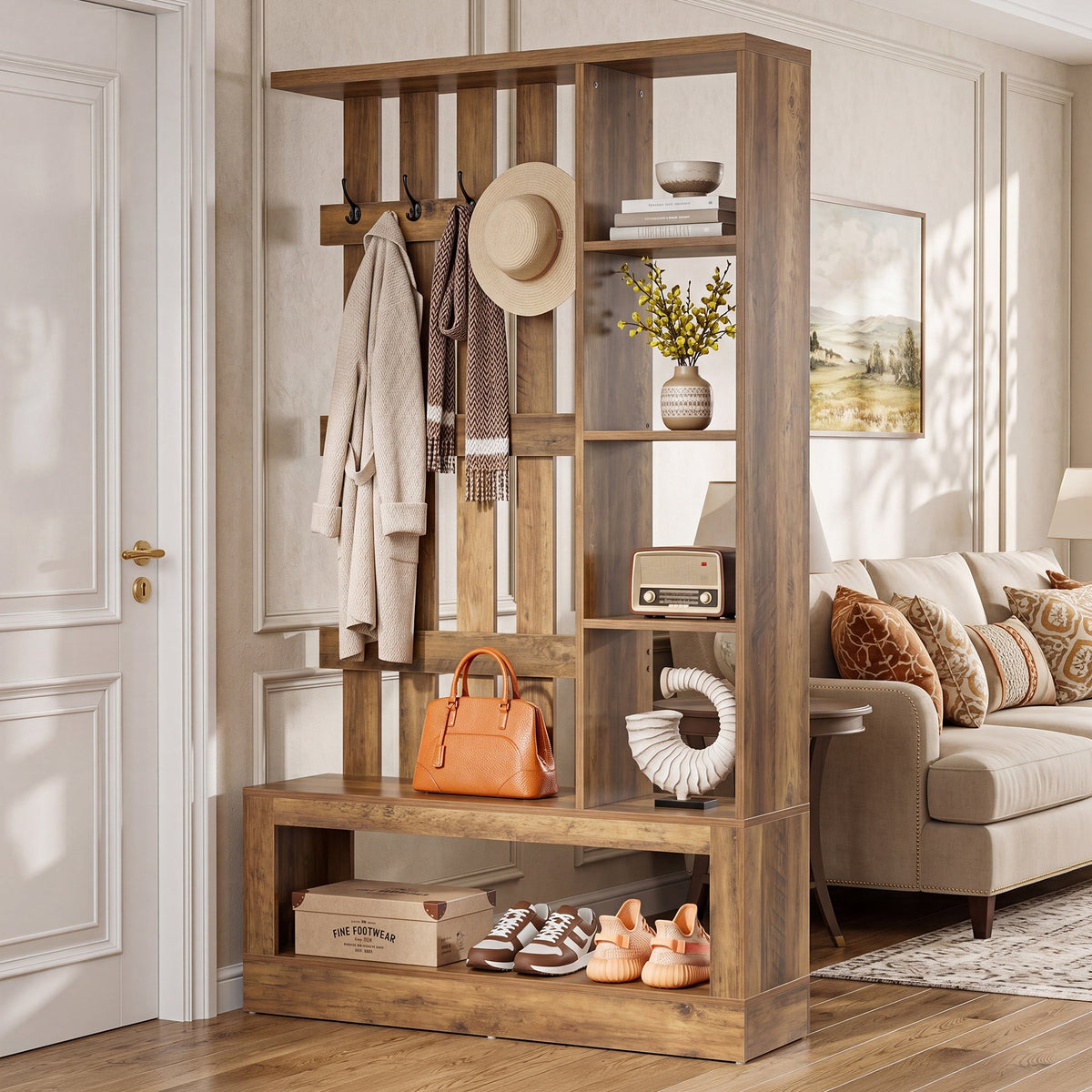70.9" Wall Room Divider With Shelves, Freestanding Wall Partition With Coat Rack