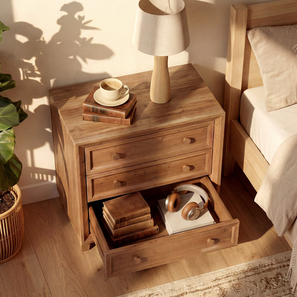 31.5" Wide Nightstand, Solid Wood Bedside Table with 3 Drawers