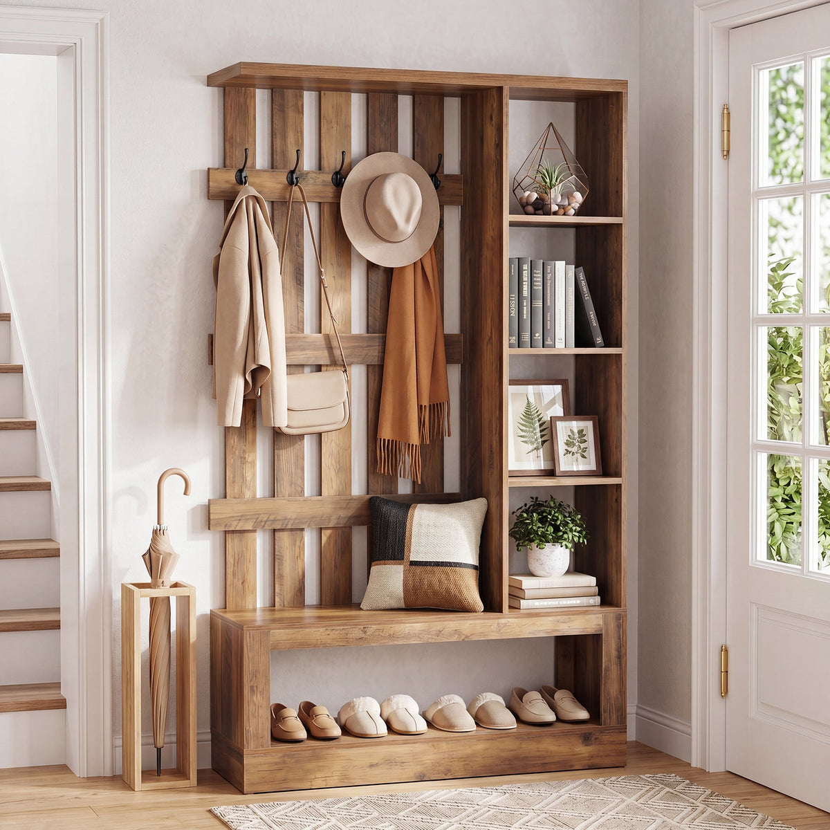 70.87" Farmhouse Hall Tree with Storage Bench & Hooks for Entryway