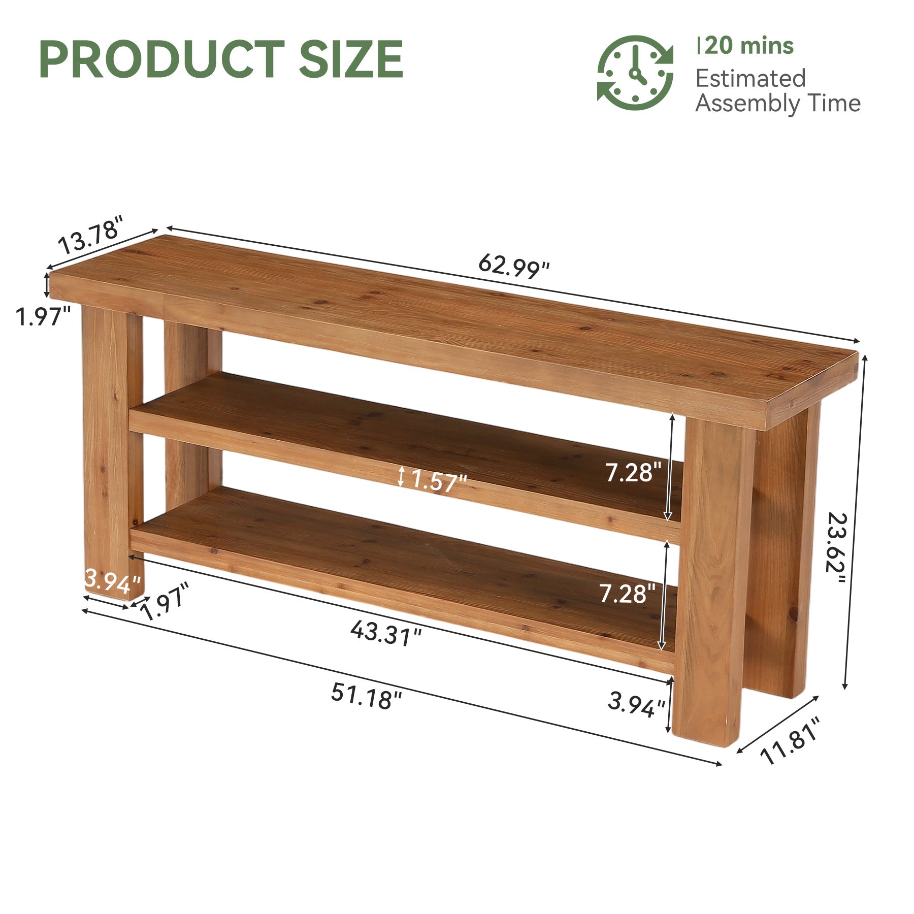 63" Solid Wood TV Stand for 55–75" TVs, Farmhouse Entertainment Center with Open Shelves