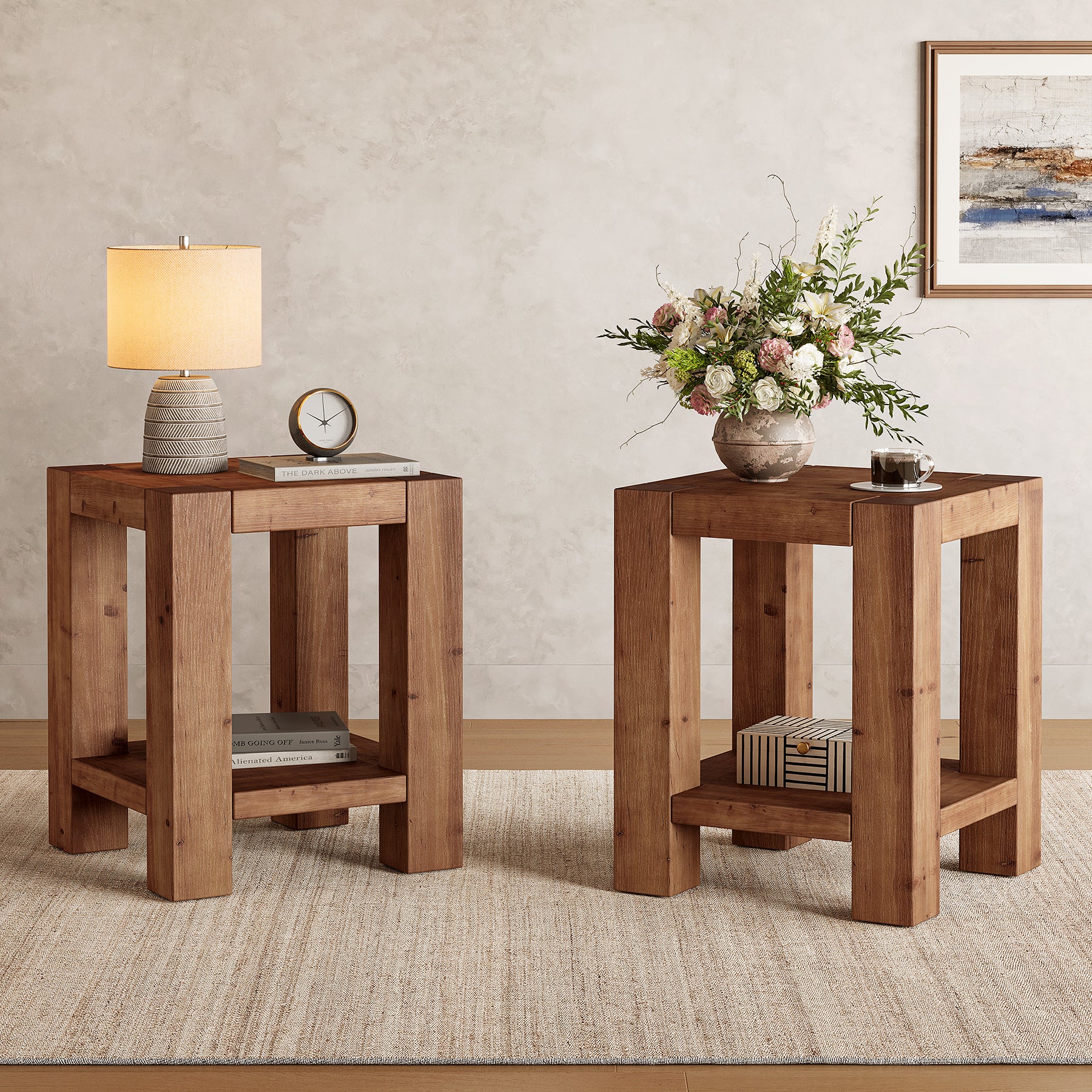 2-Tier Solid Wood Nightstand, 19.69" Beside Table with Storage Shelves