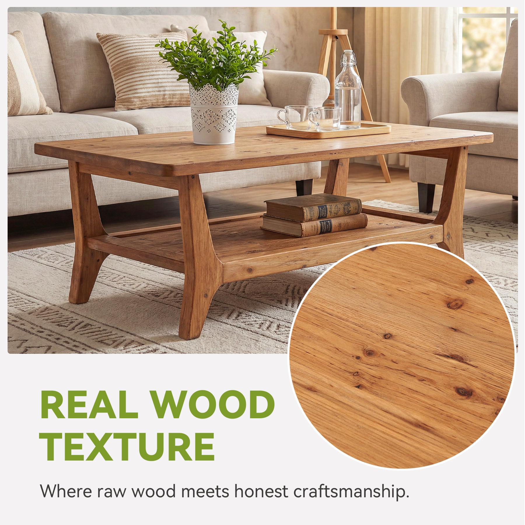 Solid Wood Coffee Table, 47" Center Table with 2-Tier Shelf for Living Room
