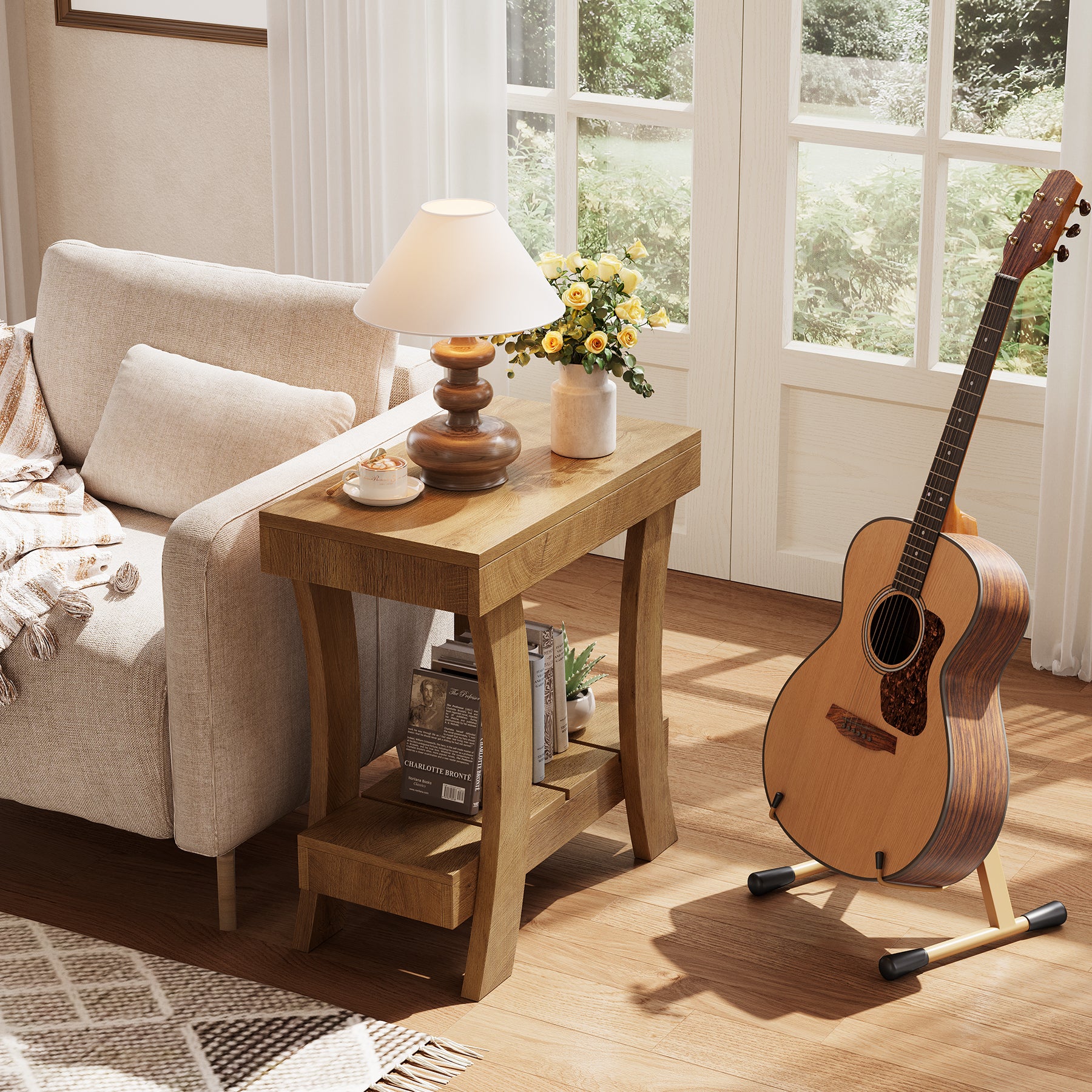 2-Tier End Table, Narrow Rectangular Side Table with Storage Shelf For Small Spaces