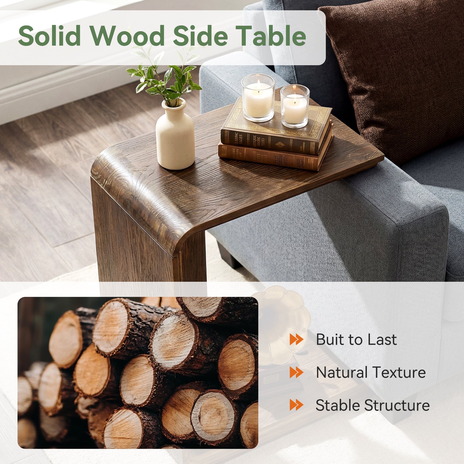 C-Shaped Solid Wood End Table, Narrow Side Table for Living Room and Bedroom