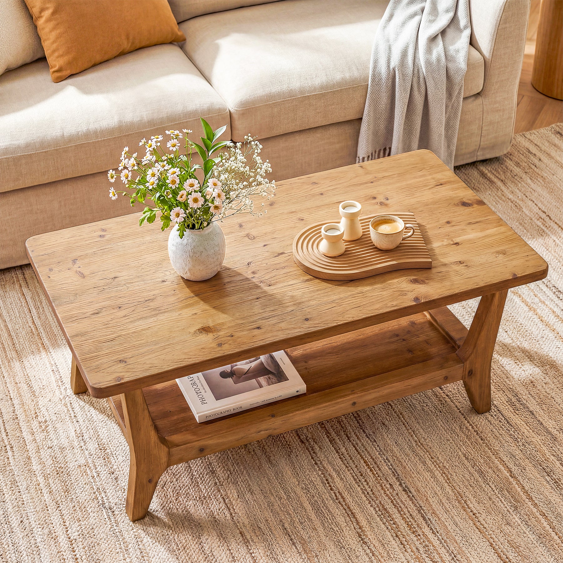 Solid Wood Coffee Table, 47" Center Table with 2-Tier Shelf for Living Room