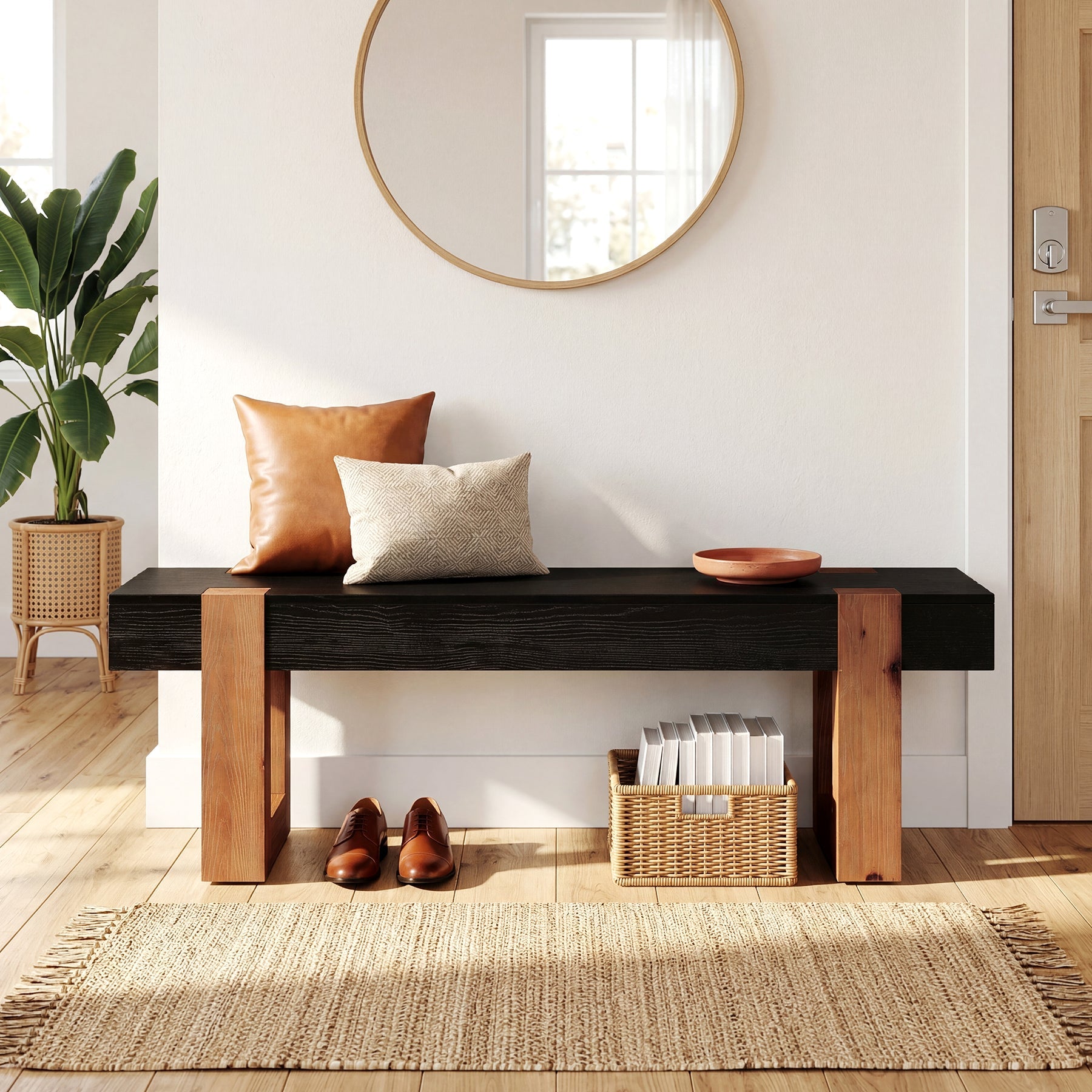 55" Solid Wood Dining Bench, Farmhouse Wooden Entryway Bench