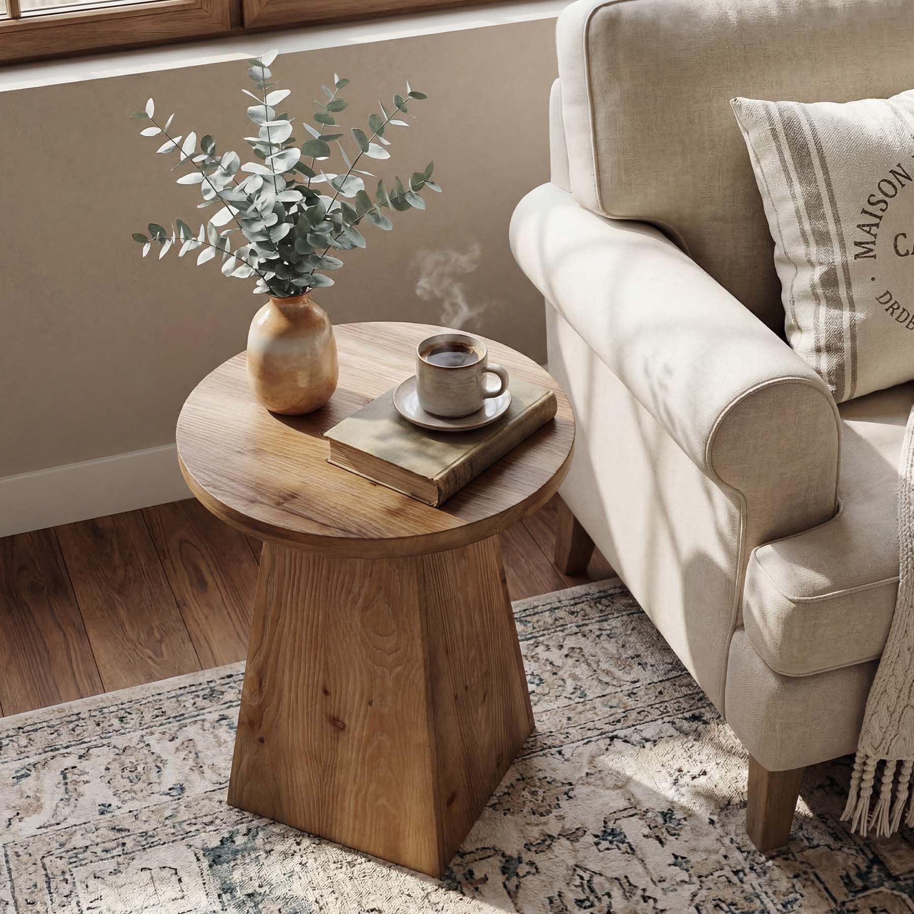 18.9" Solid Wood End Table with Trapezoid Base, Round Side Table for Living Room
