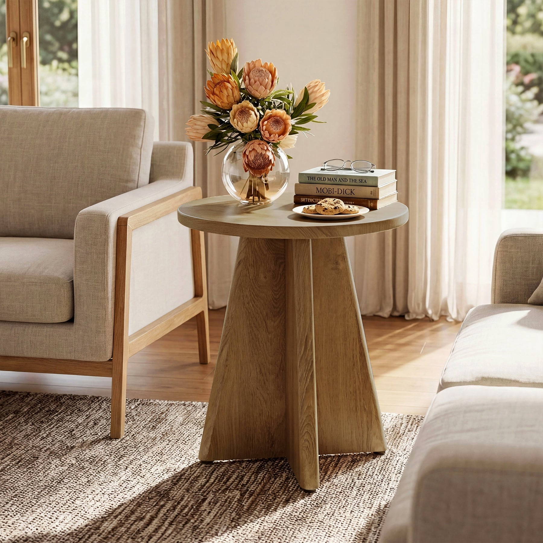 19.7" Round End Table, Farmhouse Side Table with Sculptural Base for Living Room