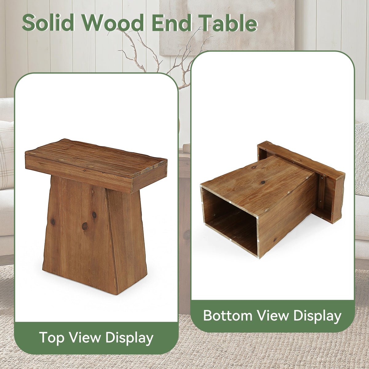 23.6" Solid Wood End Table with Trapezoid Base, Small Side Table for Living Room