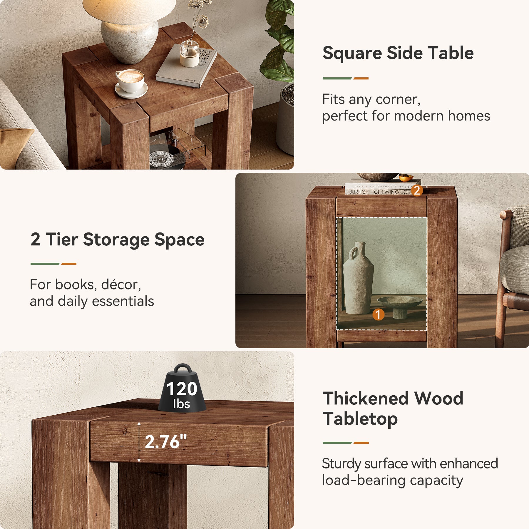 Solid Wood End Table, Farmhouse 2-Tier Side Table with Storage Shelves