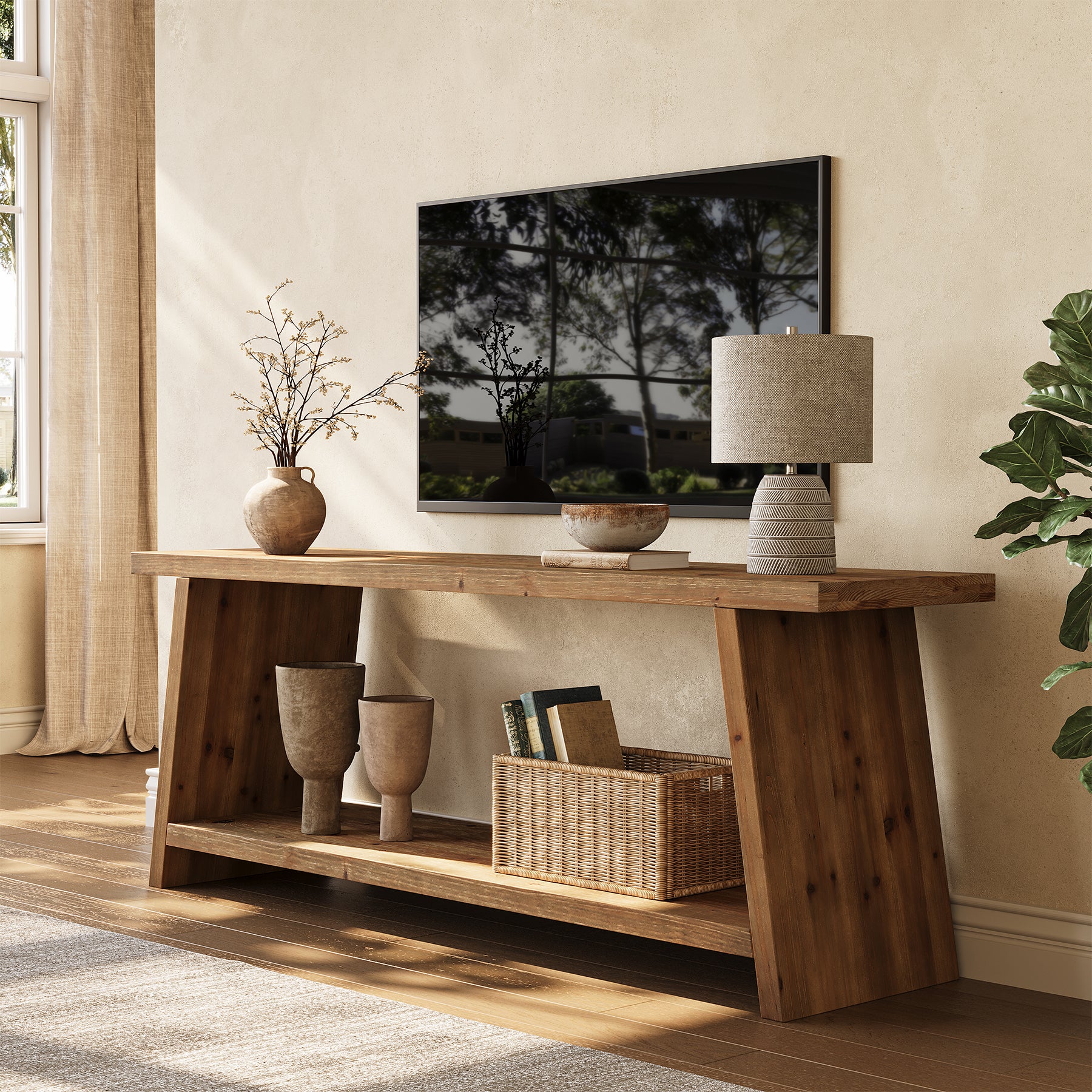 2-Tier Solid Wood TV Stand, 63" Media Console for 55/60/65 inch TV
