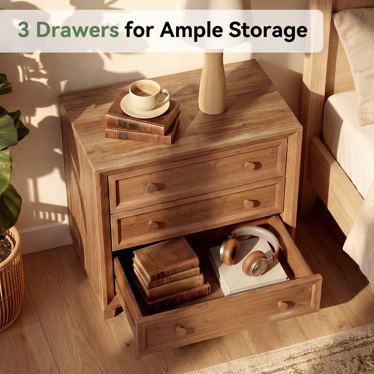 31.5" Wide Nightstand, Solid Wood Bedside Table with 3 Drawers