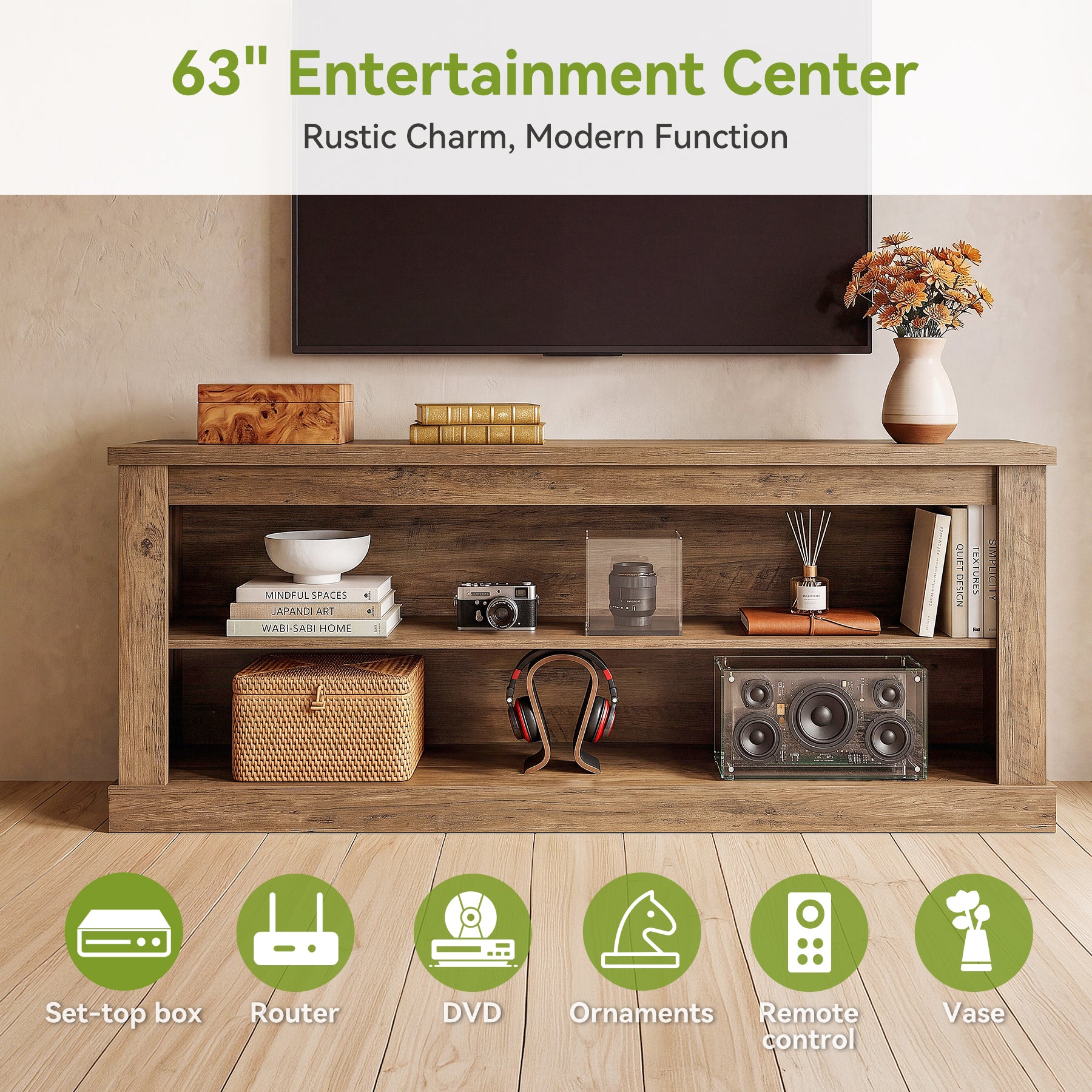 63" TV Stand for TVs up to 70", Entertainment Center TV Console Table with 2 Open Shelves