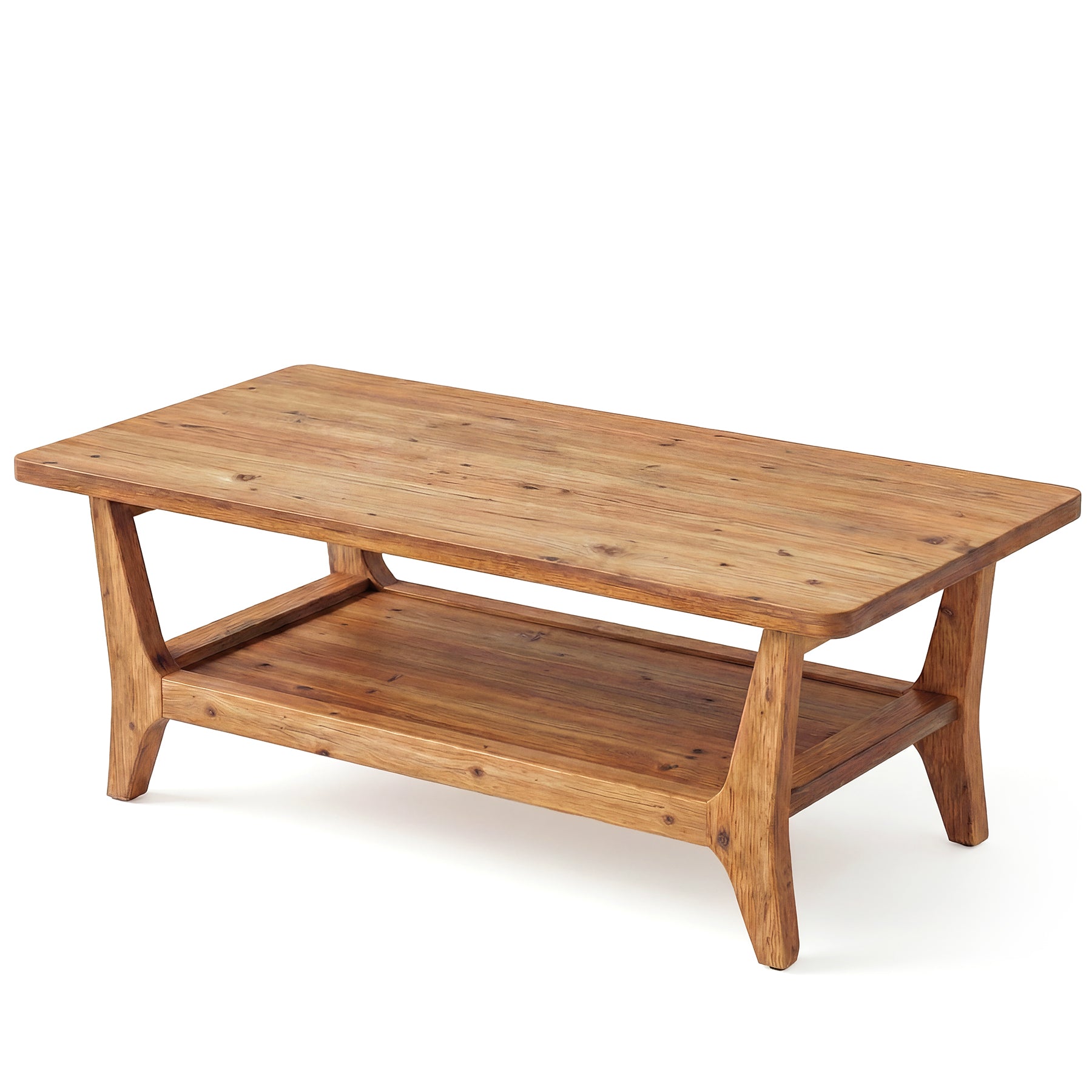 Solid Wood Coffee Table, 47" Center Table with 2-Tier Shelf for Living Room