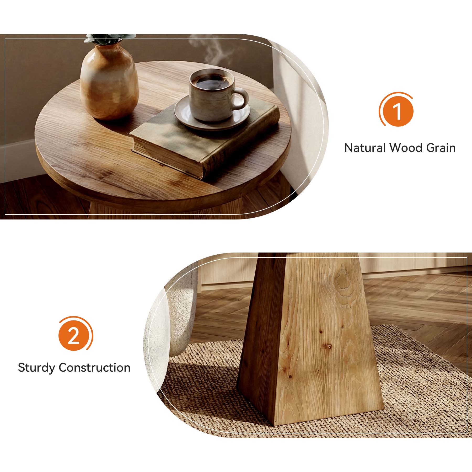 18.9" Solid Wood End Table with Trapezoid Base, Round Side Table for Living Room