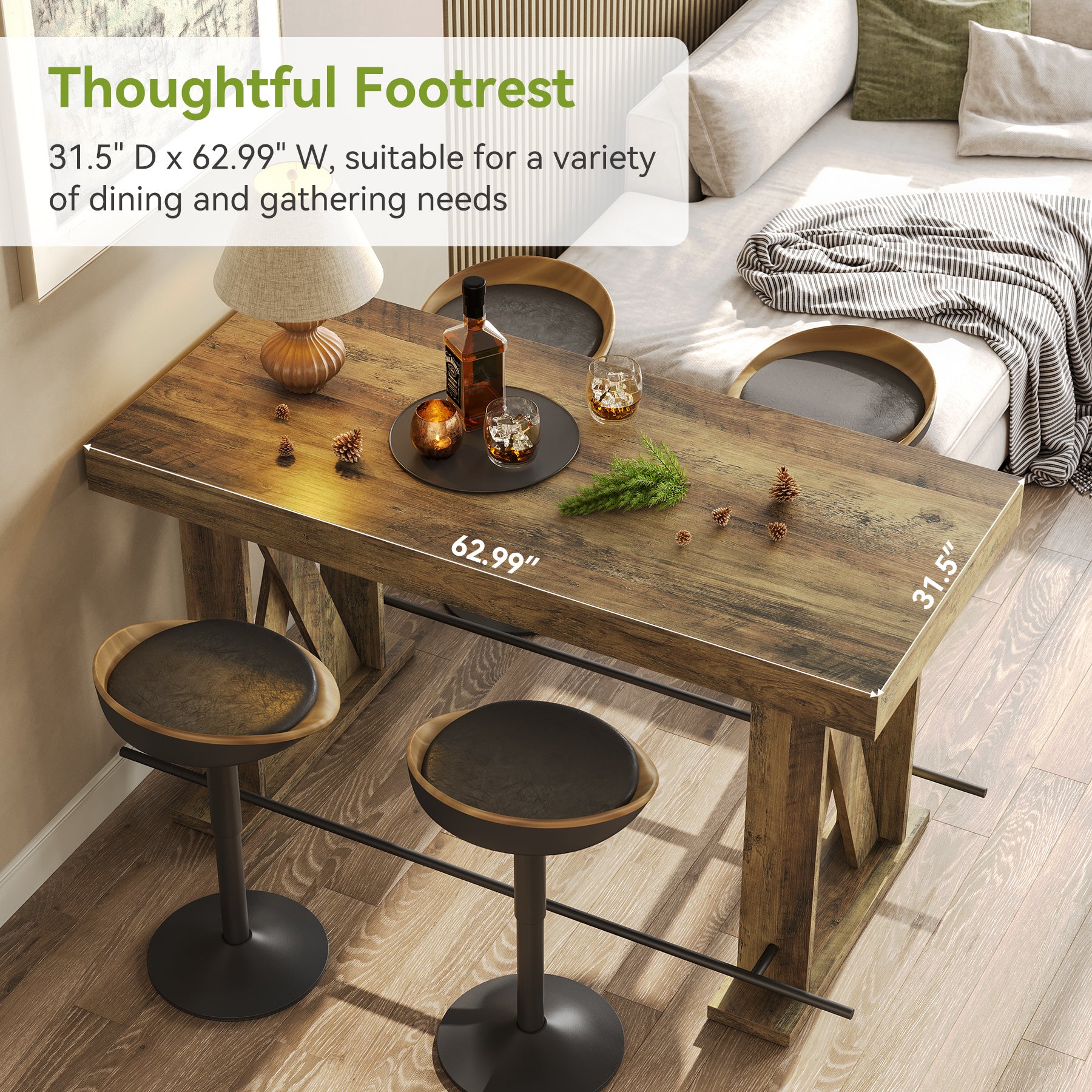 63" Industrial Bar Table, Kitchen Pub Table with Metal Footrest & X-Base
