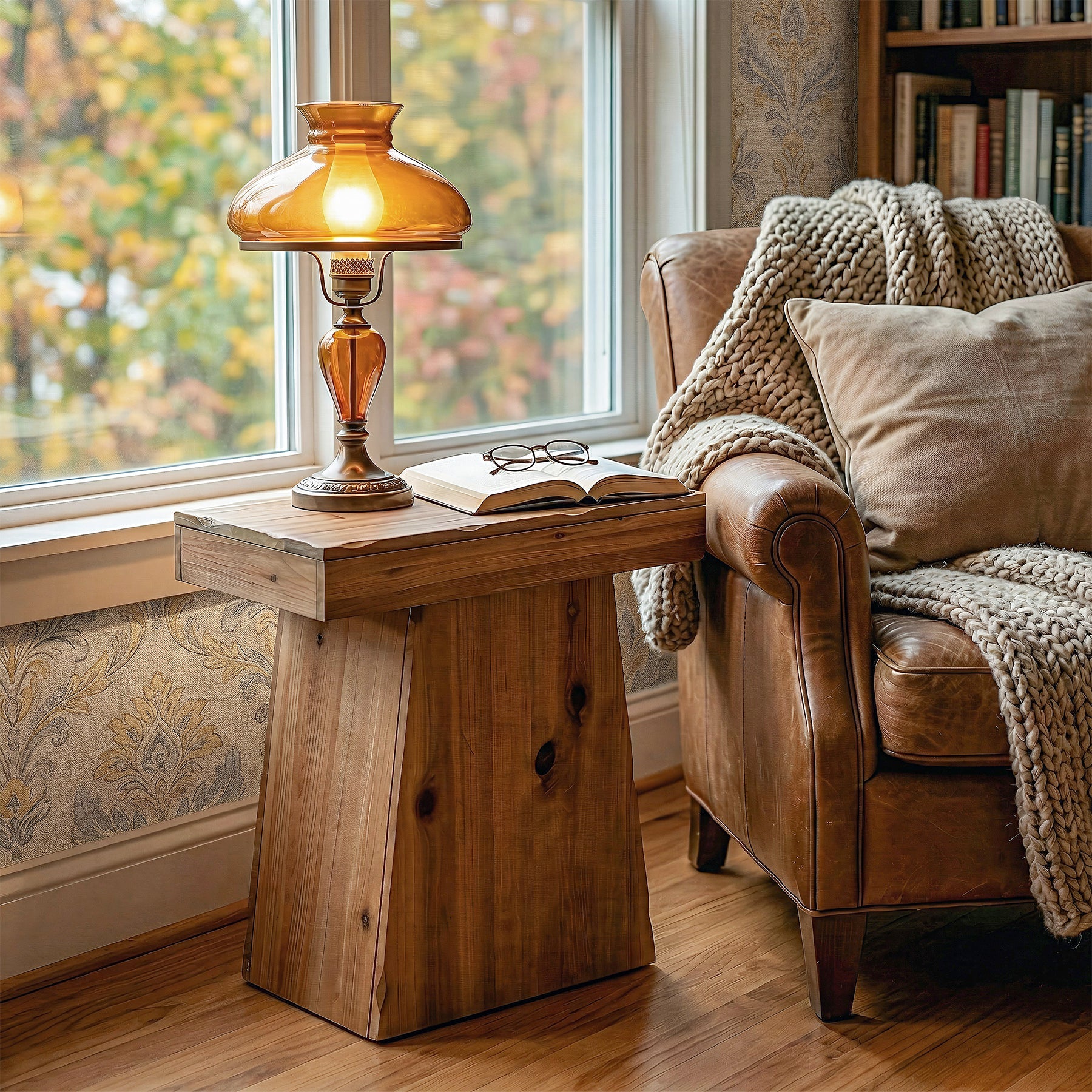 23.6" Solid Wood End Table with Trapezoid Base, Small Side Table for Living Room