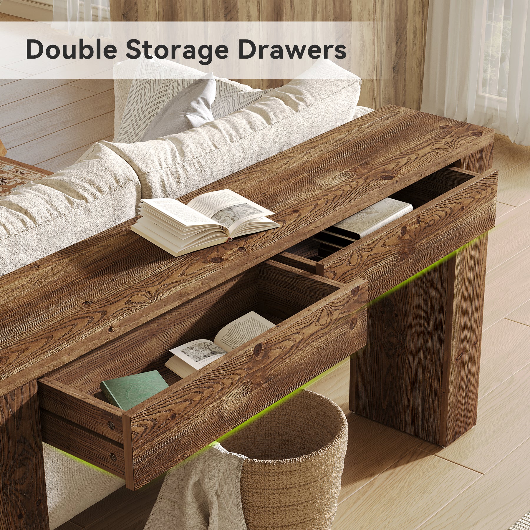 Solid Wood Console Table, 63" Entryway Sofa Table with 2 Drawers