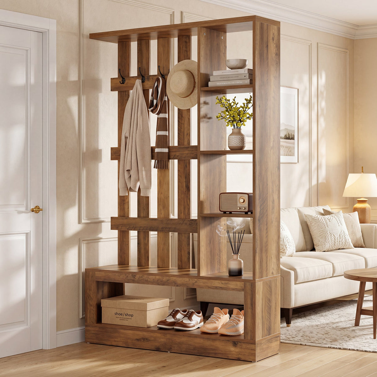 70.9" Wall Room Divider With Shelves, Freestanding Wall Partition With Coat Rack