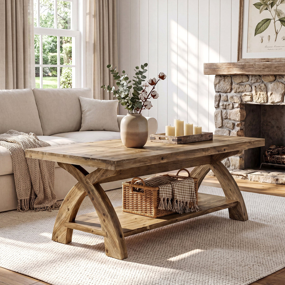 47.24" Solid Wood Coffee Table, Rectangular Center Table with X-Leg for Living Room