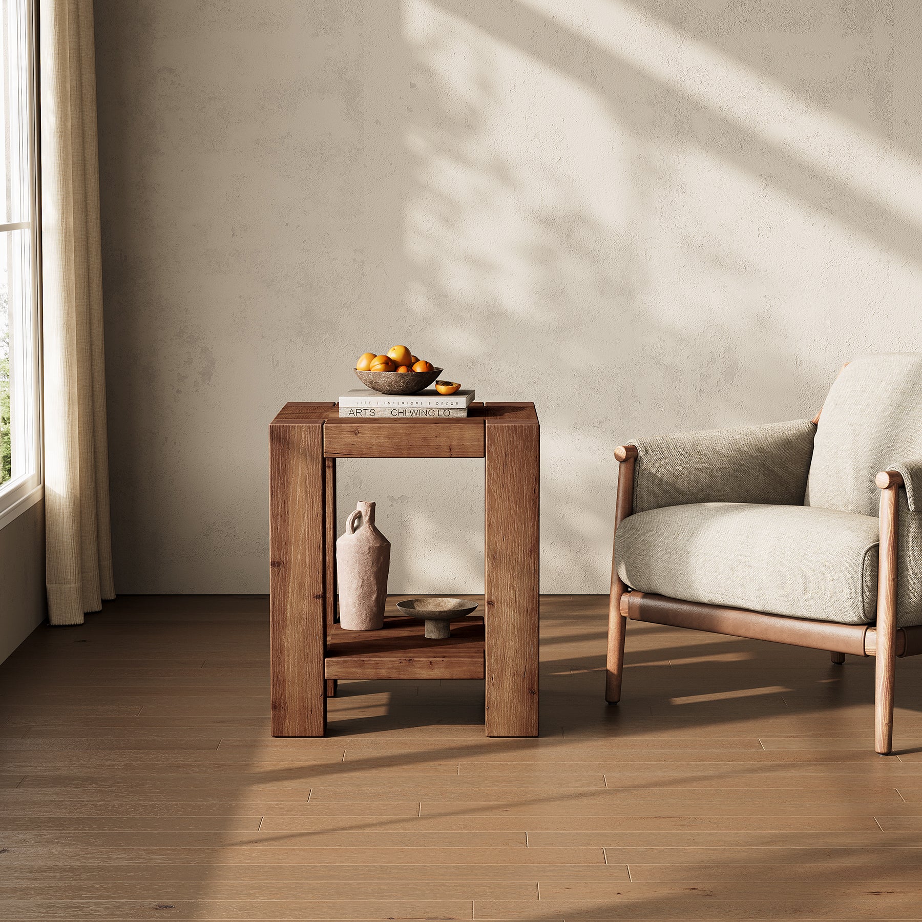 Solid Wood End Table, Farmhouse 2-Tier Side Table with Storage Shelves
