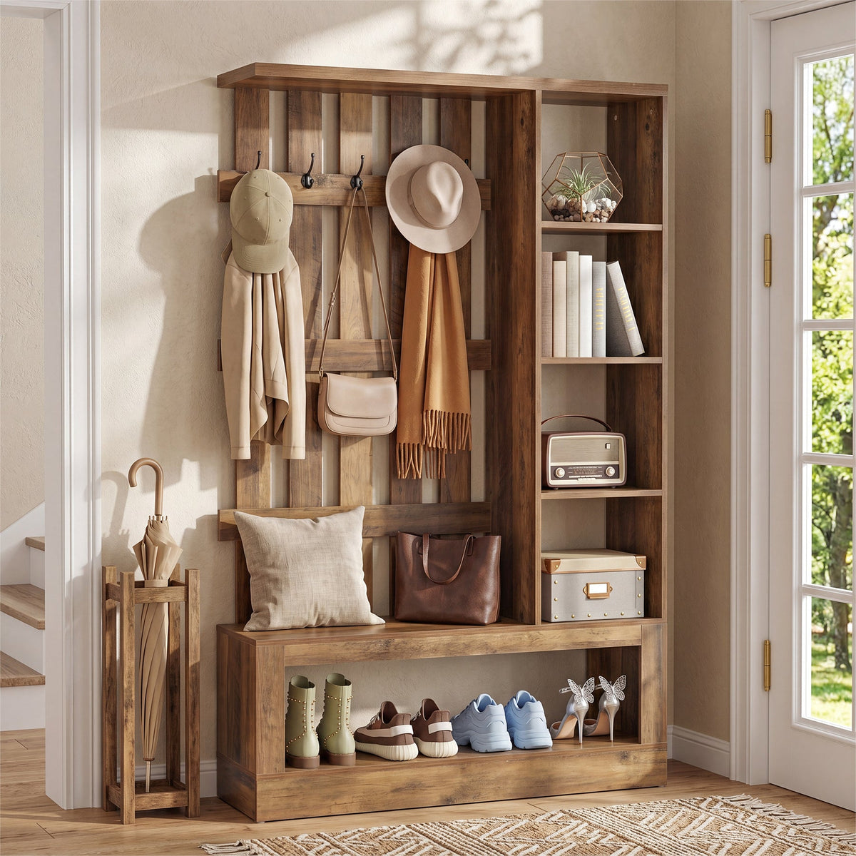 70.87" Farmhouse Hall Tree with Storage Bench & Hooks for Entryway