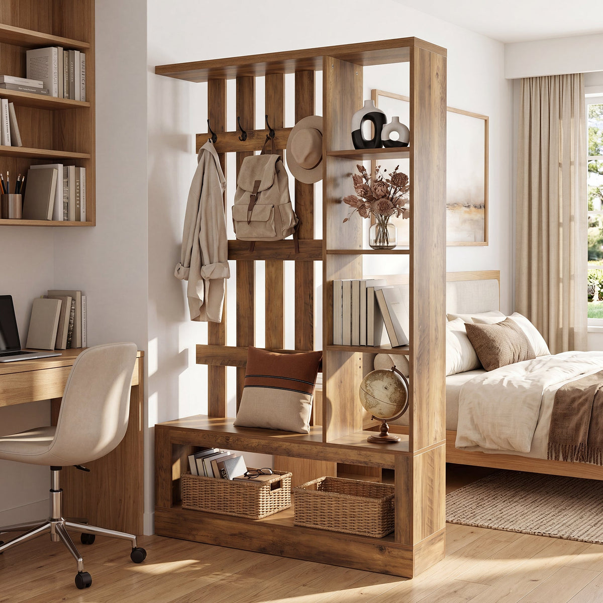 70.9" Wall Room Divider With Shelves, Freestanding Wall Partition With Coat Rack
