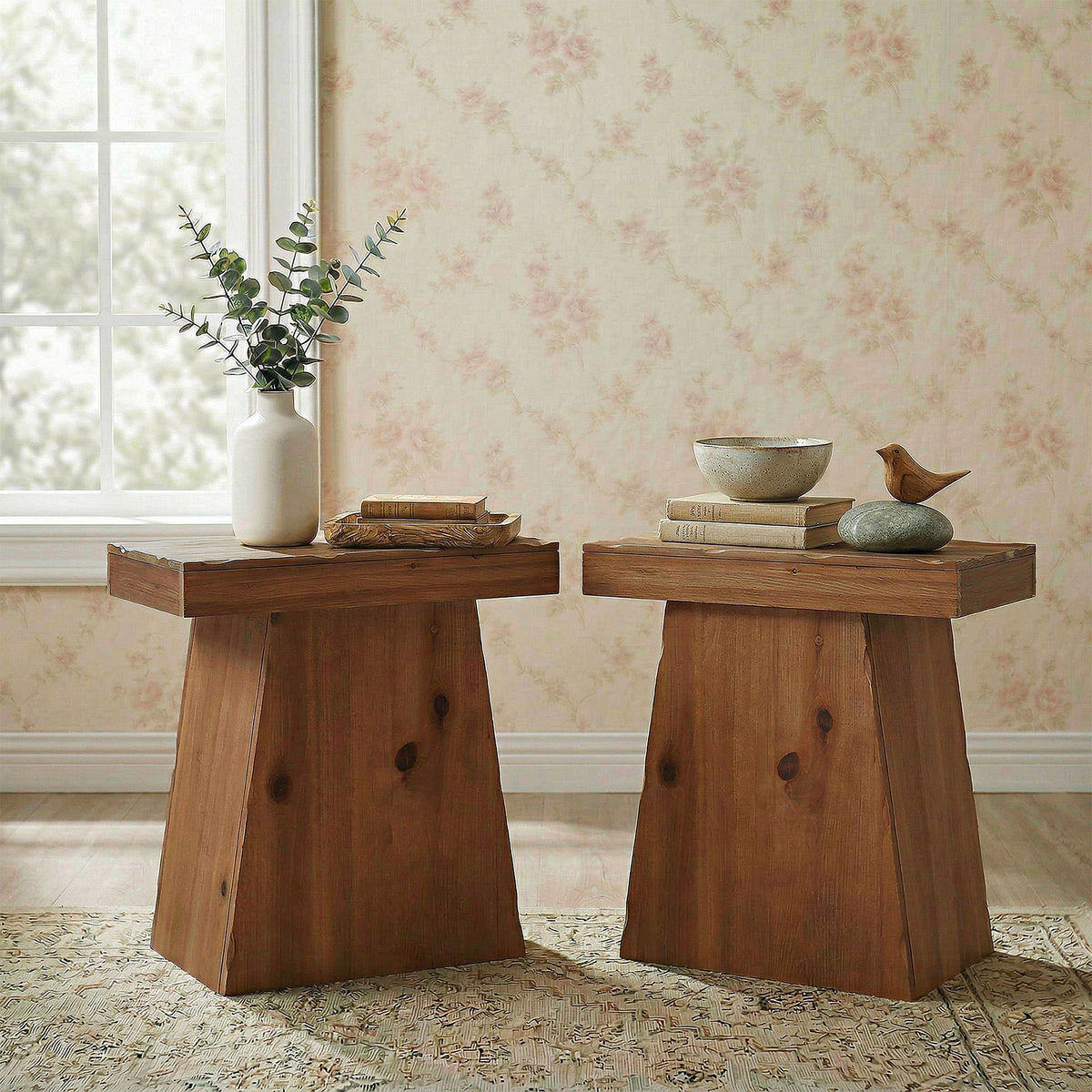 23.6" Solid Wood End Table with Trapezoid Base, Small Side Table for Living Room