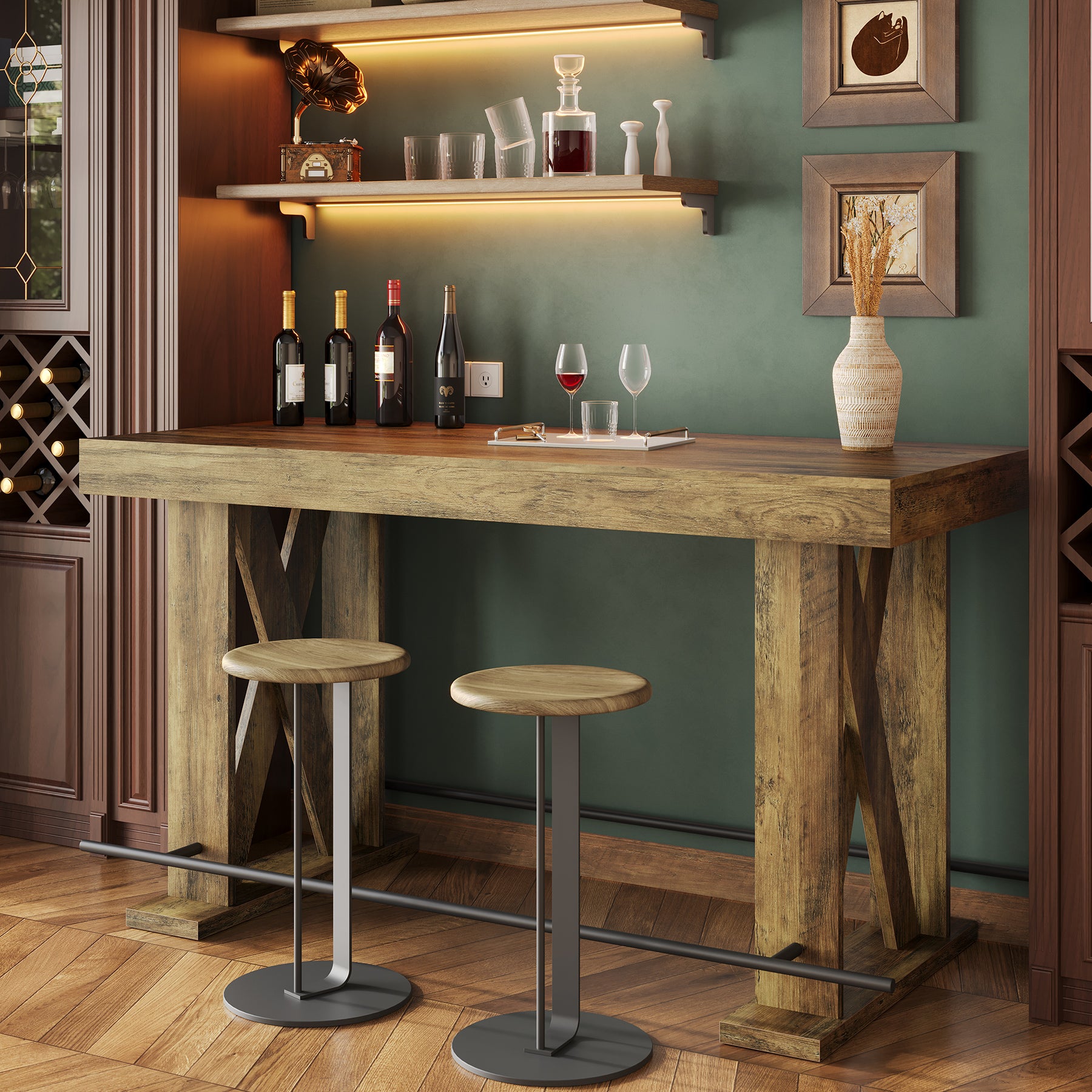 63" Industrial Bar Table, Kitchen Pub Table with Metal Footrest & X-Base