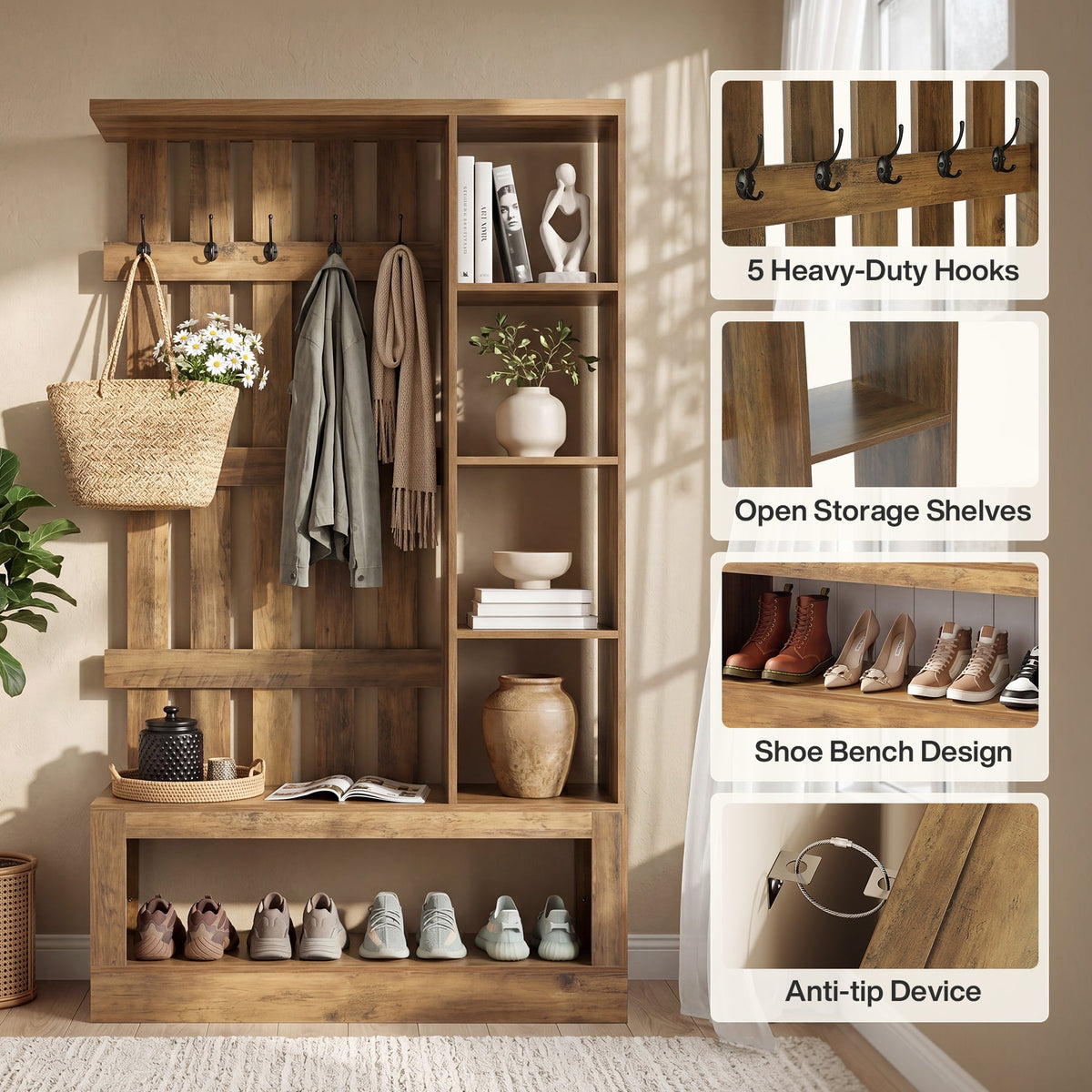 70.87" Farmhouse Hall Tree with Storage Bench & Hooks for Entryway