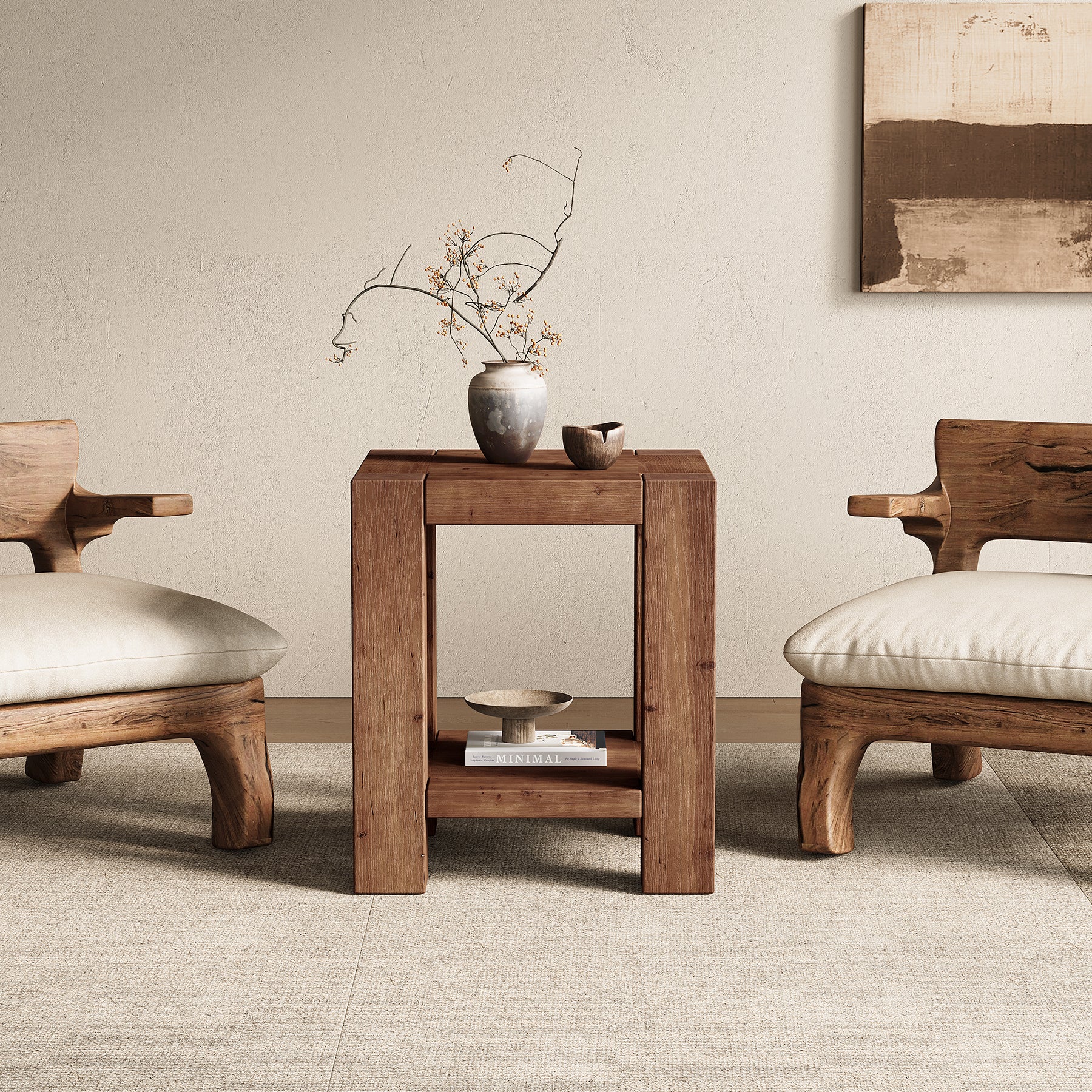 Solid Wood End Table, Farmhouse 2-Tier Side Table with Storage Shelves