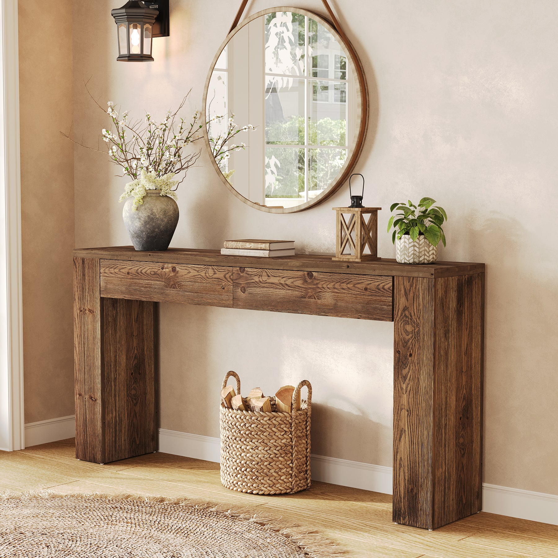 Solid Wood Console Table, 63" Entryway Sofa Table with 2 Drawers