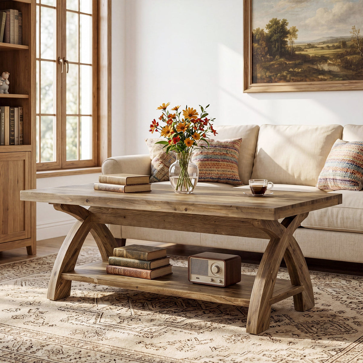 47.24" Solid Wood Coffee Table, Rectangular Center Table with X-Leg for Living Room