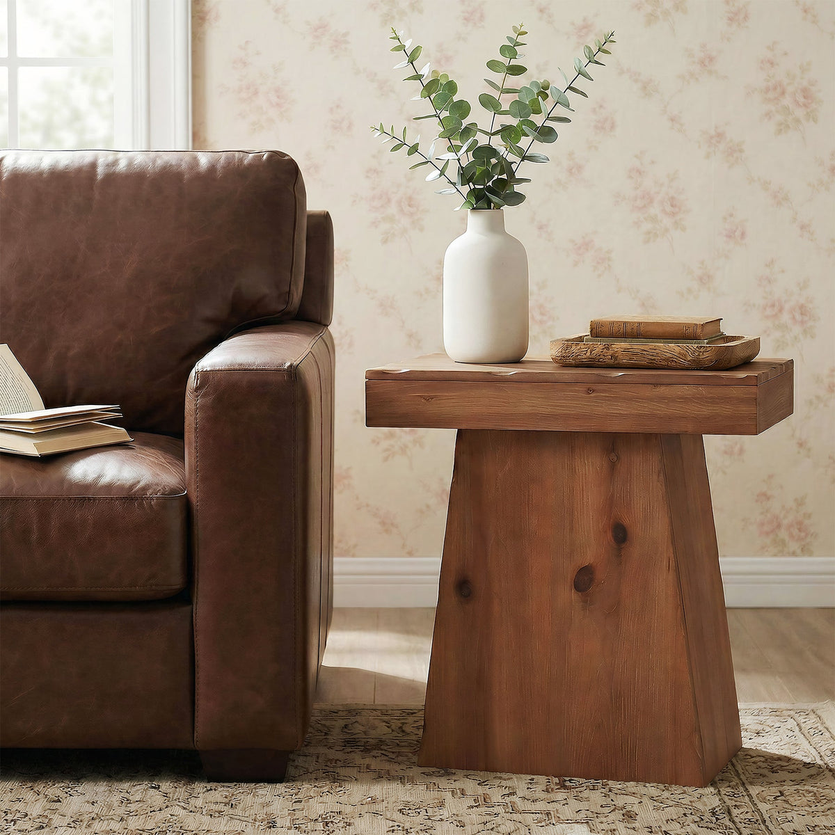 23.6" Solid Wood End Table with Trapezoid Base, Small Side Table for Living Room