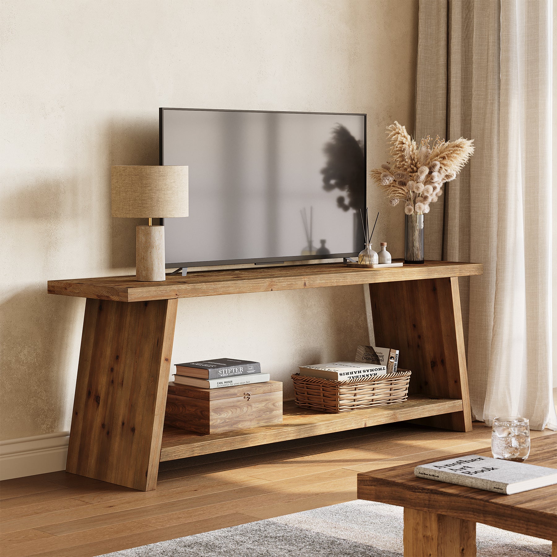 2-Tier Solid Wood TV Stand, 63" Media Console for 55/60/65 inch TV