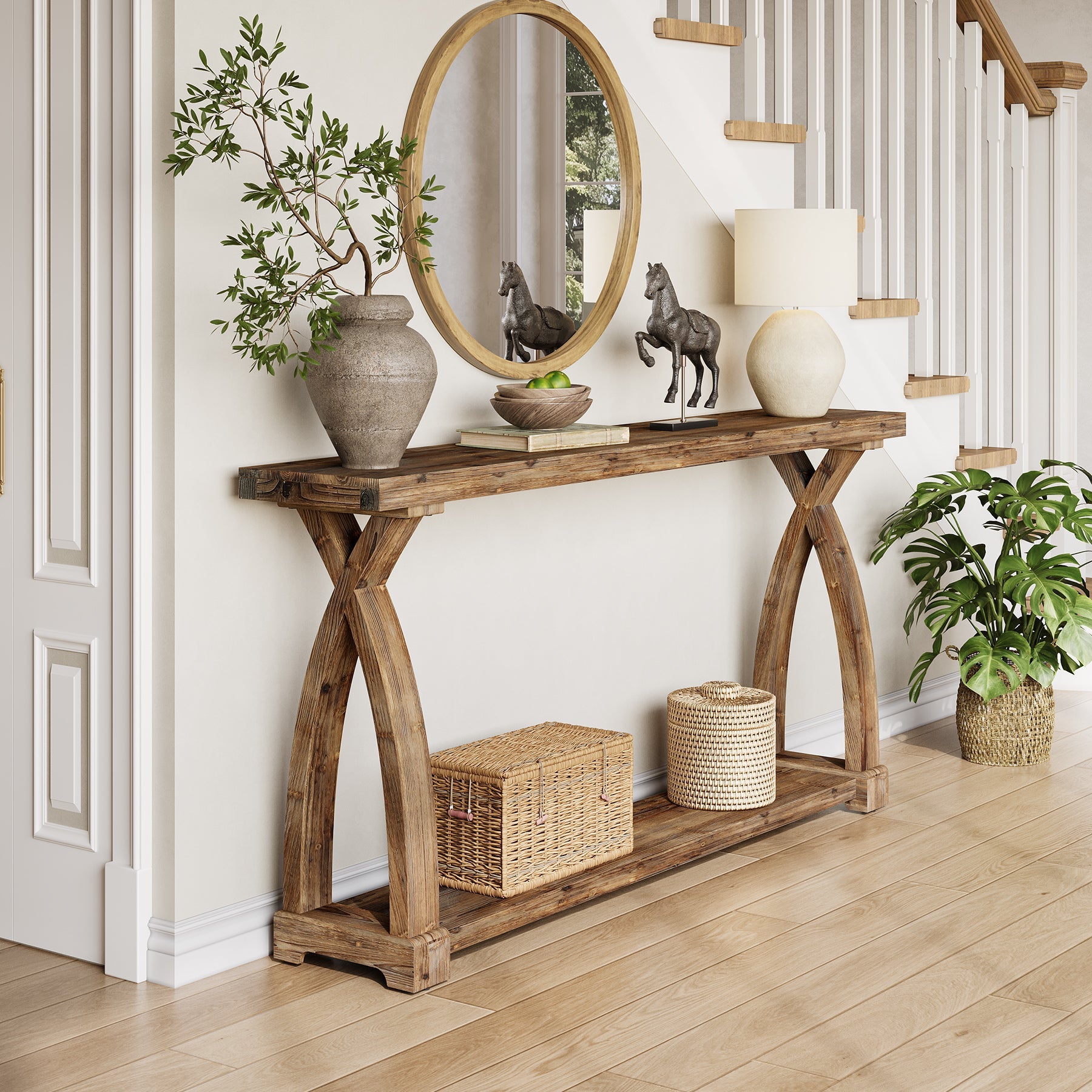 63" Solid Wood Console Table, Narrow Sofa Entryway Table with 2-Tier Storage