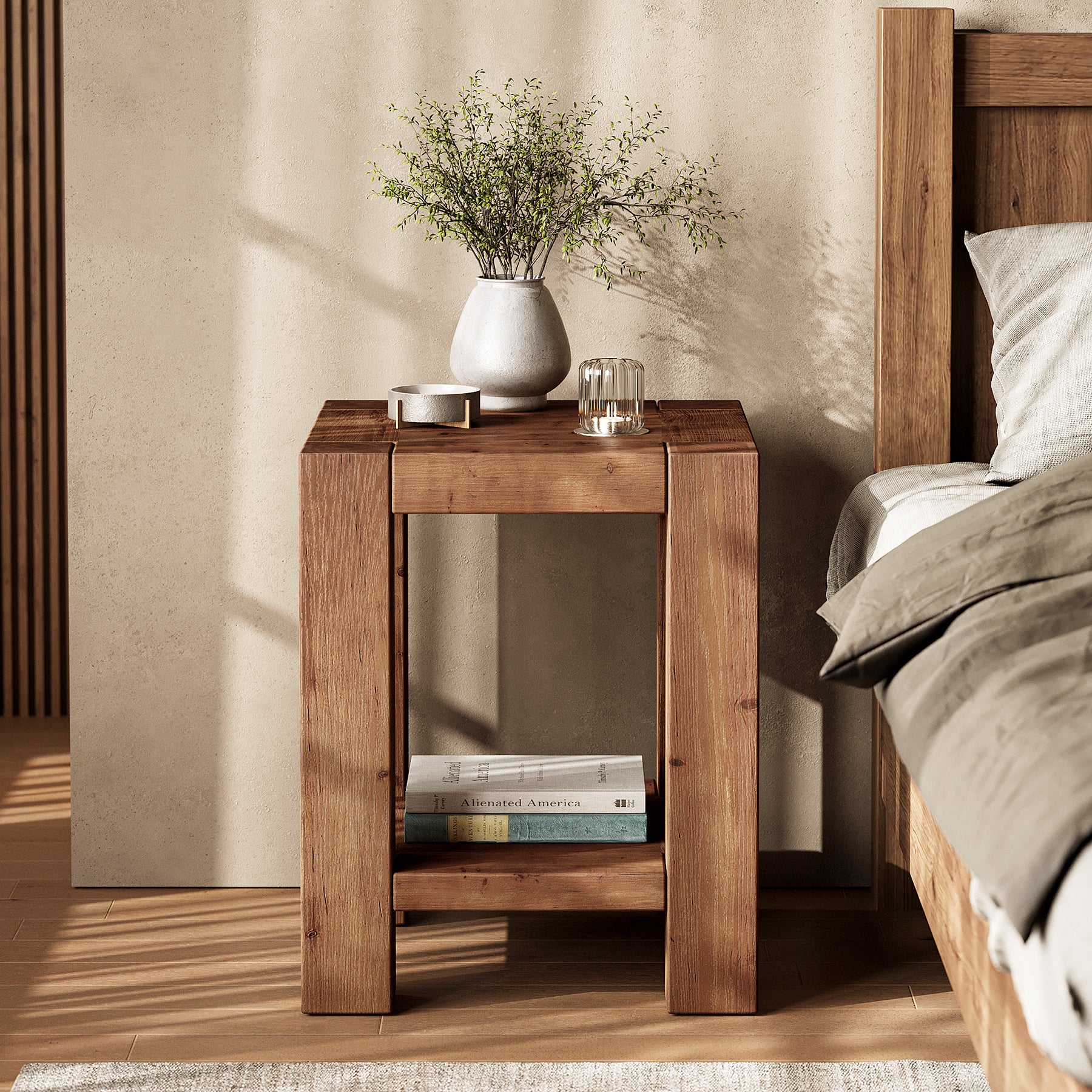 2-Tier Solid Wood Nightstand, 19.69" Beside Table with Storage Shelves