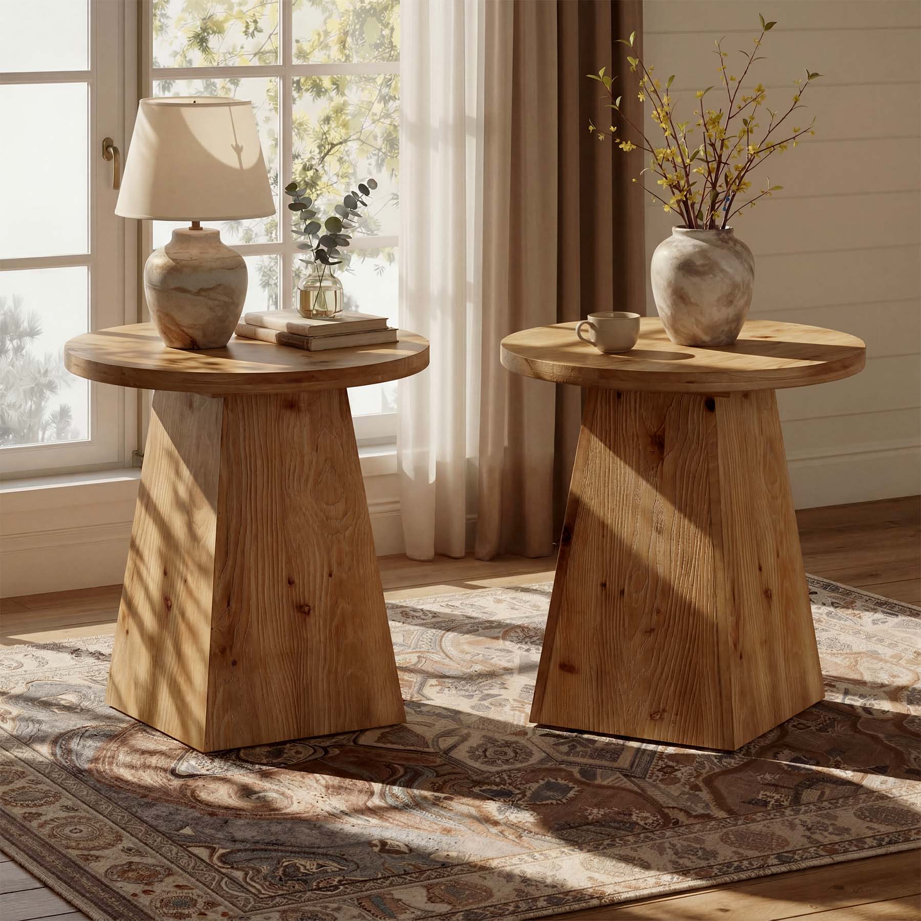 18.9" Solid Wood End Table with Trapezoid Base, Round Side Table for Living Room